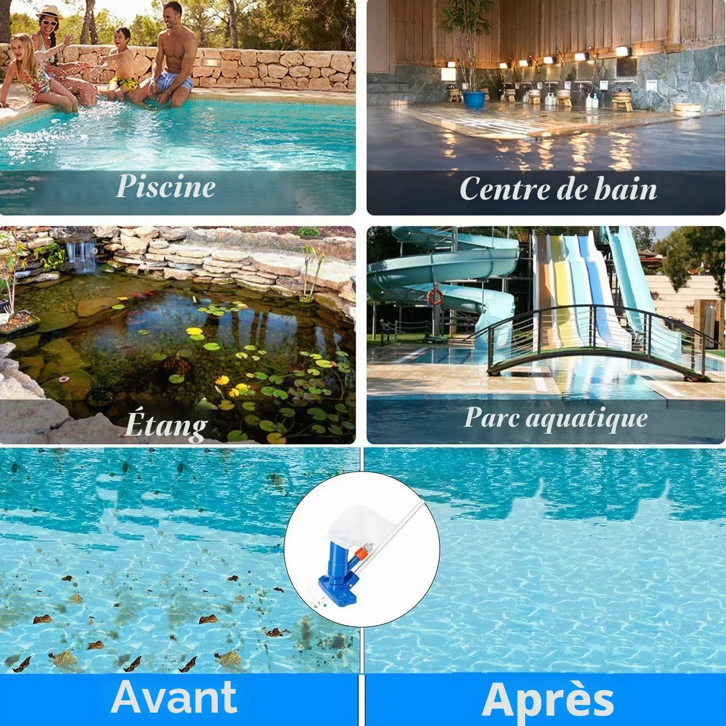 Aspirateur de Piscine, Mini Aspirateur Portable avec 5 Sections de Poteau et Sacs à Filet, Kit Nettoyage Piscine