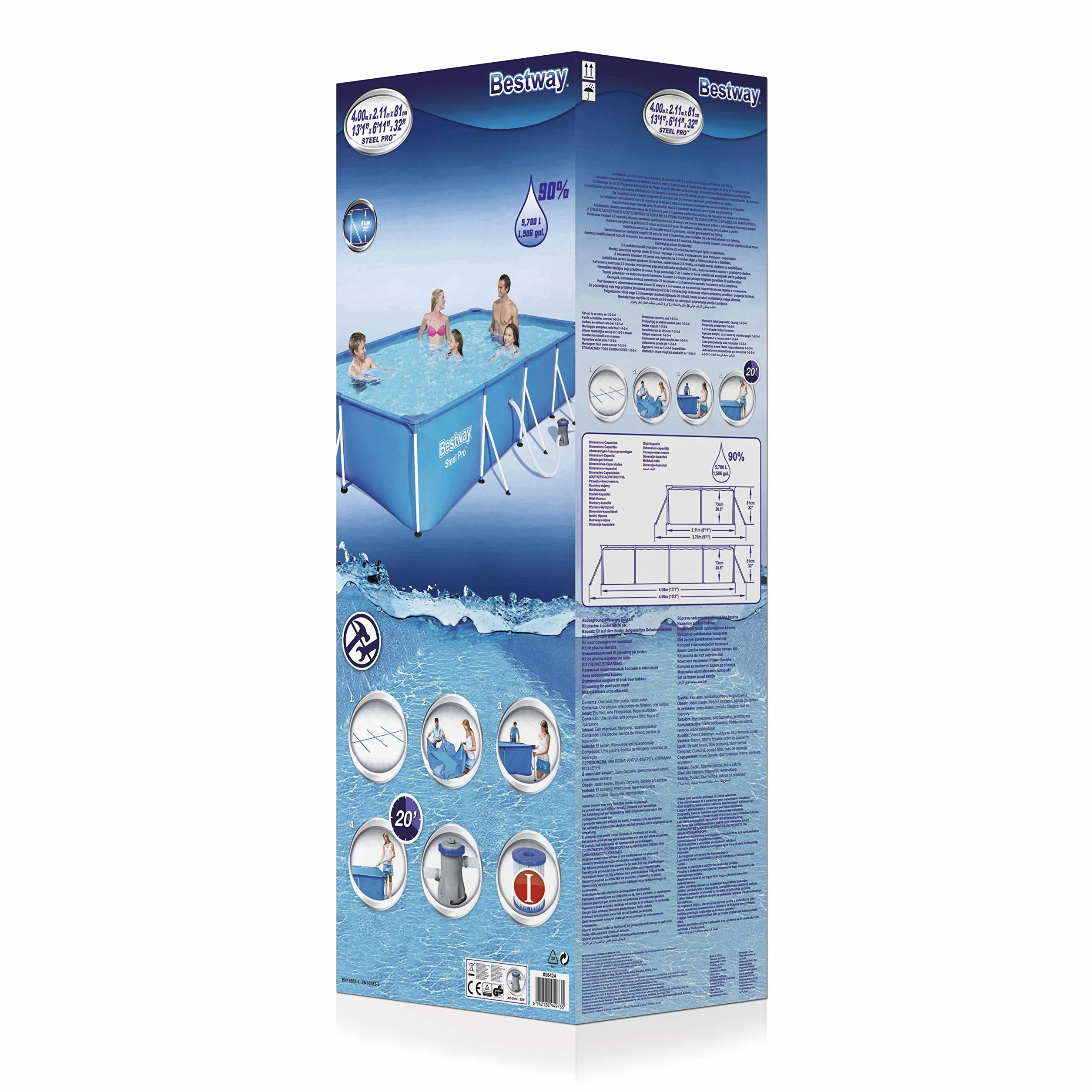 Bestway Steel Pro Piscine rectangulaire enfant cadre acier pompe filtrante 400 x 211 x 81 cm Bleu