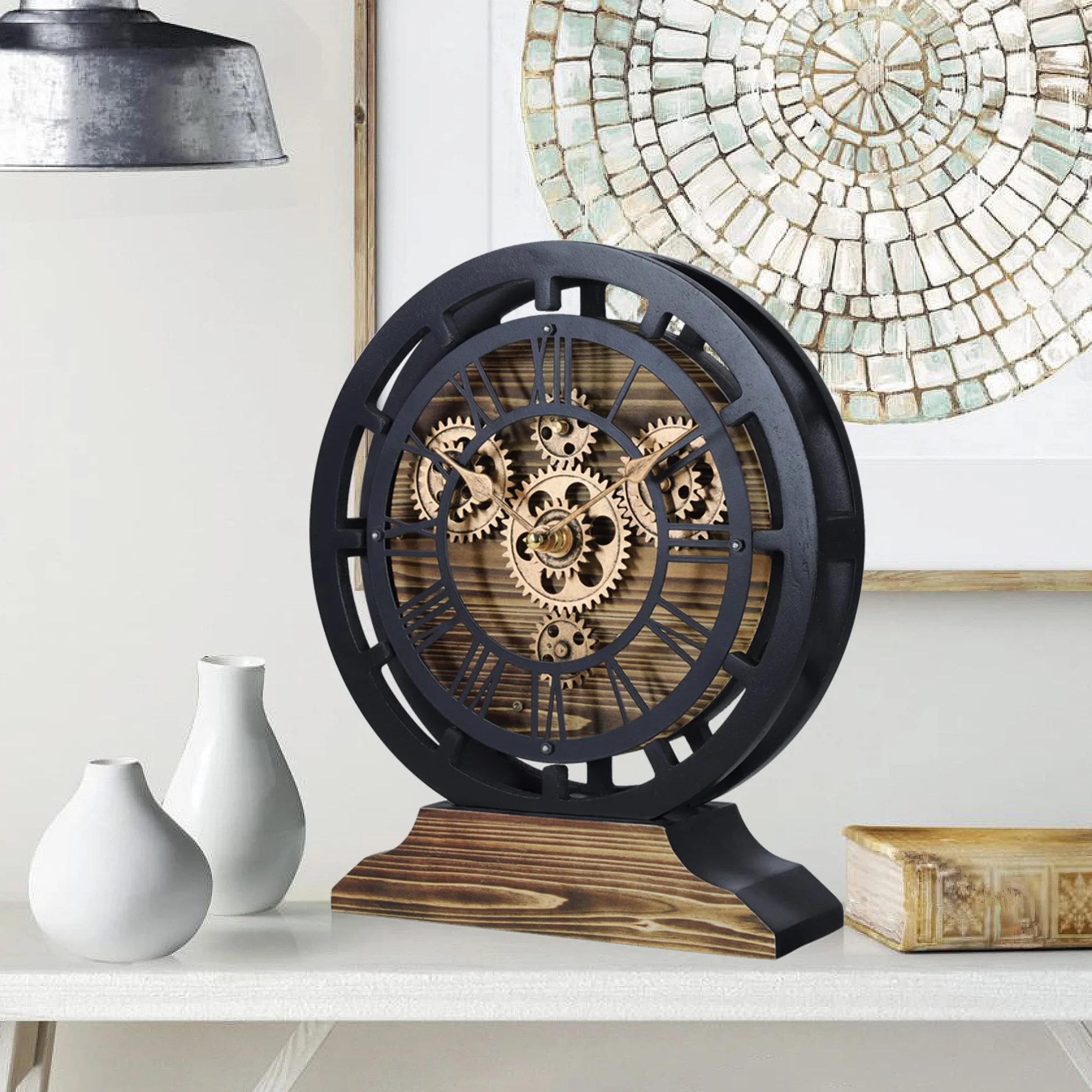 Lafocuse Pendule de Bureau Engrenages Mobiles Bois Industrielle Vintage Steampunk Noire 29cm Horloge Murale Rétro