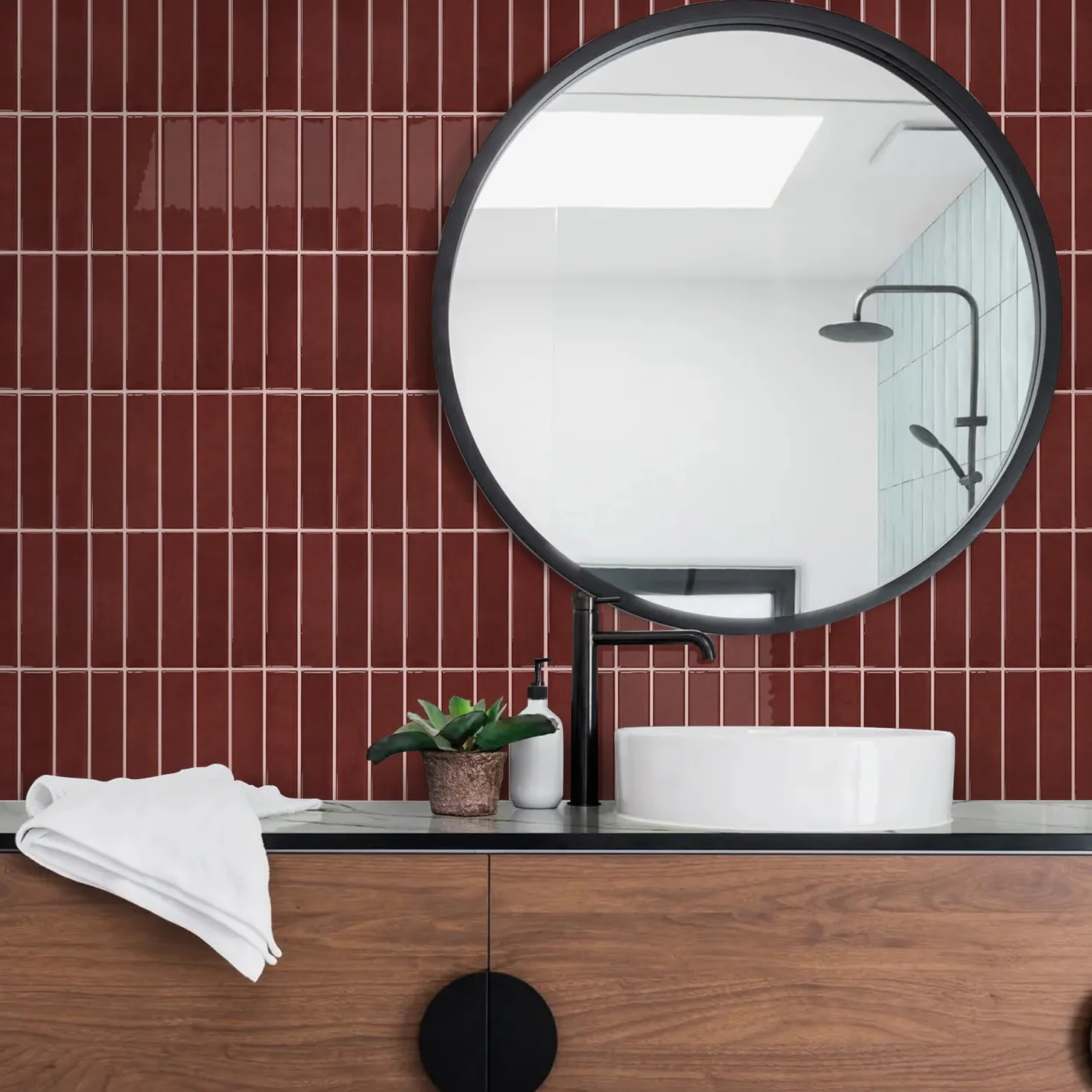 Crédence Adhésive Cuisine Rouge foncé 10 Pièces Carrelage Adhesif Mural Salle de Bain Vinyle 3D Métro Autocollant imperméable 30,5x30,5cm