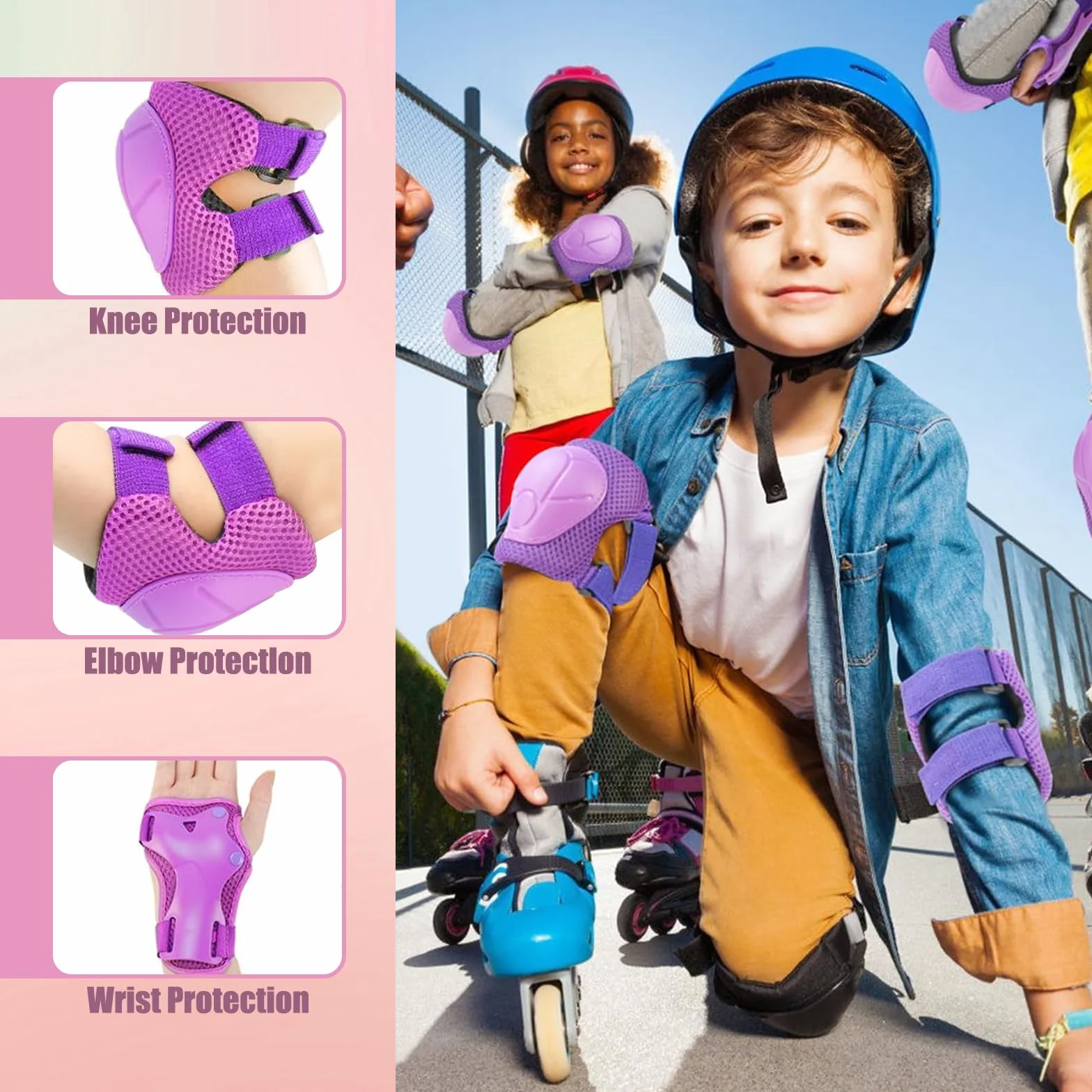 Genouillères pour Enfants - 6 en 1 - pour Skateboard, Roller, Hoverboard, vélo, Skateboard (Rose/Violet)