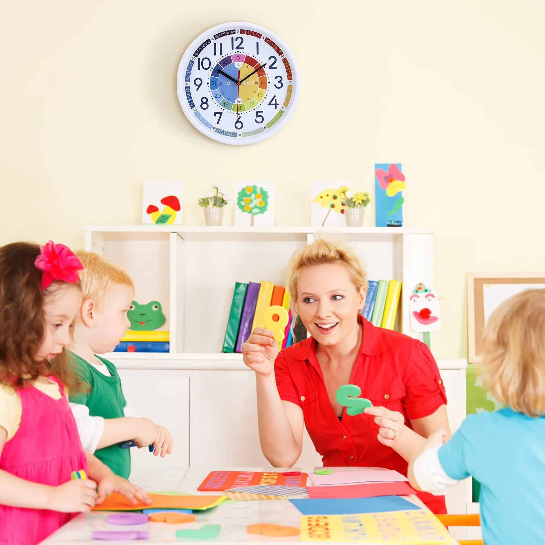 Horloge Murale Enfant Apprentissage Couleur Arc-en-Ciel Pendule Murale Quartz Silencieuse 30 cm