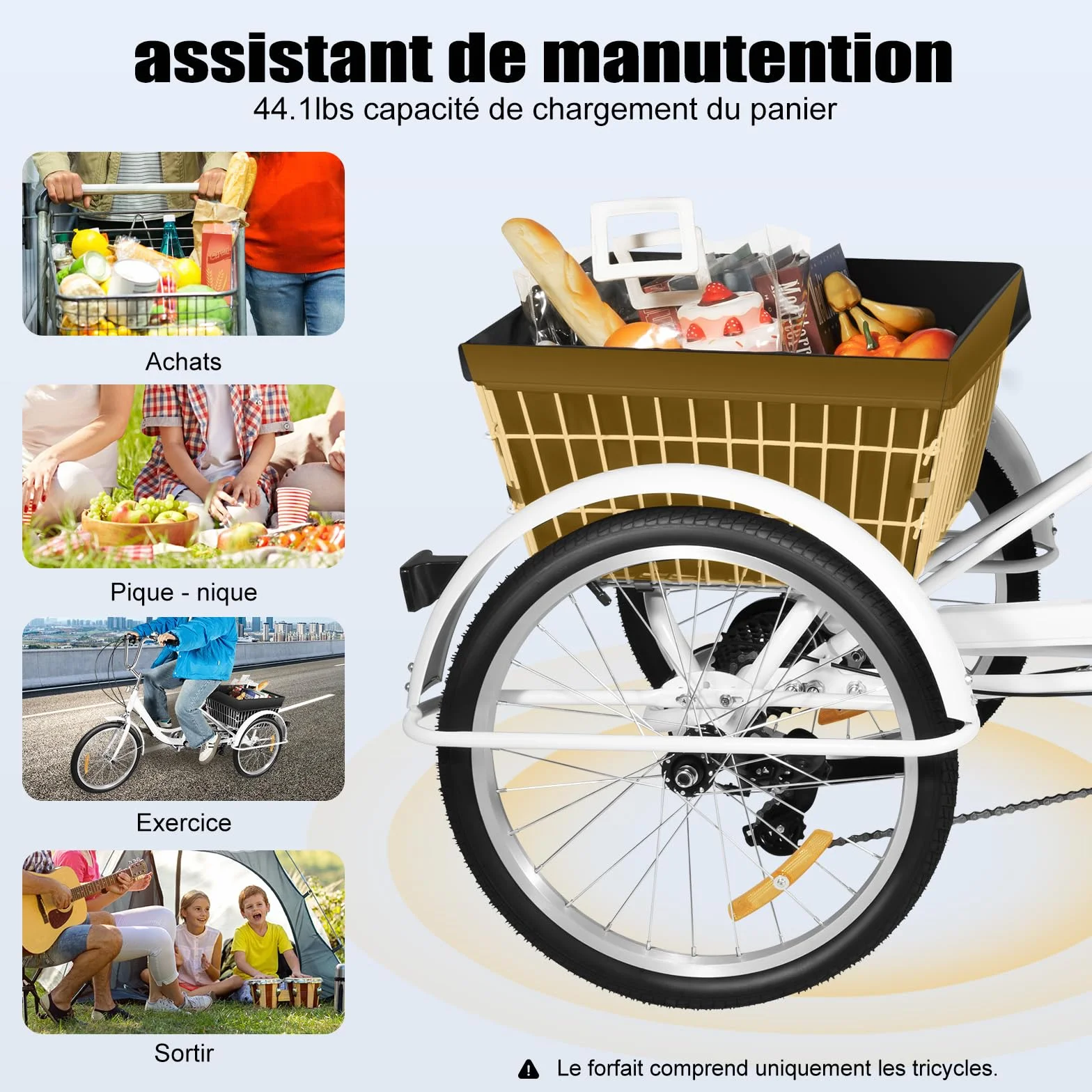 Tricycle de 20 pouces pour adultes, 3 roues 8 vitesses avec panier pliable, tricycle réglable pour seniors, croisière, vélo de ville
