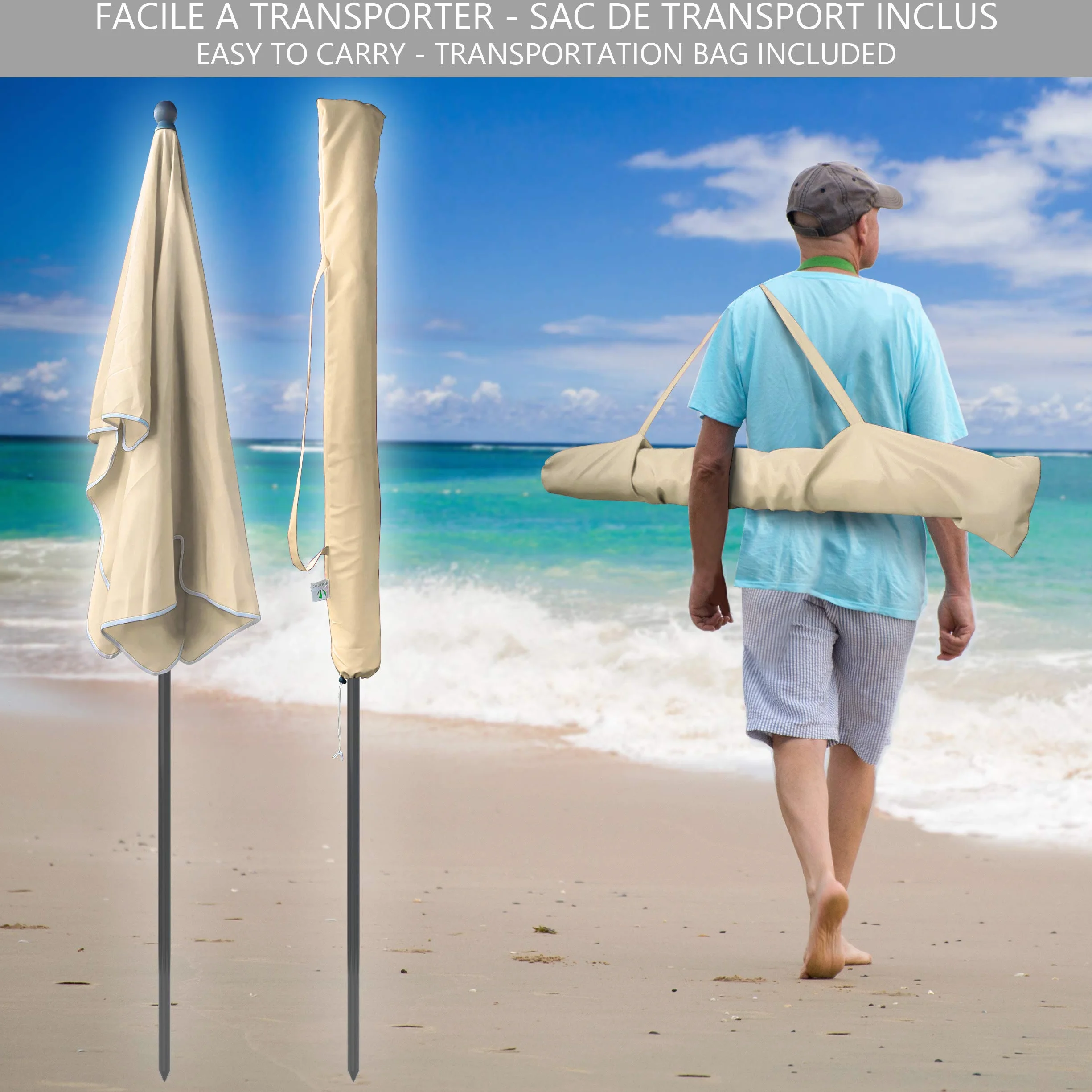Parasol Inclinable Rectangulaire 200x125cm 160gr/m2 Protection UV Toile Polyester Pliable Extérieur Housse Beige