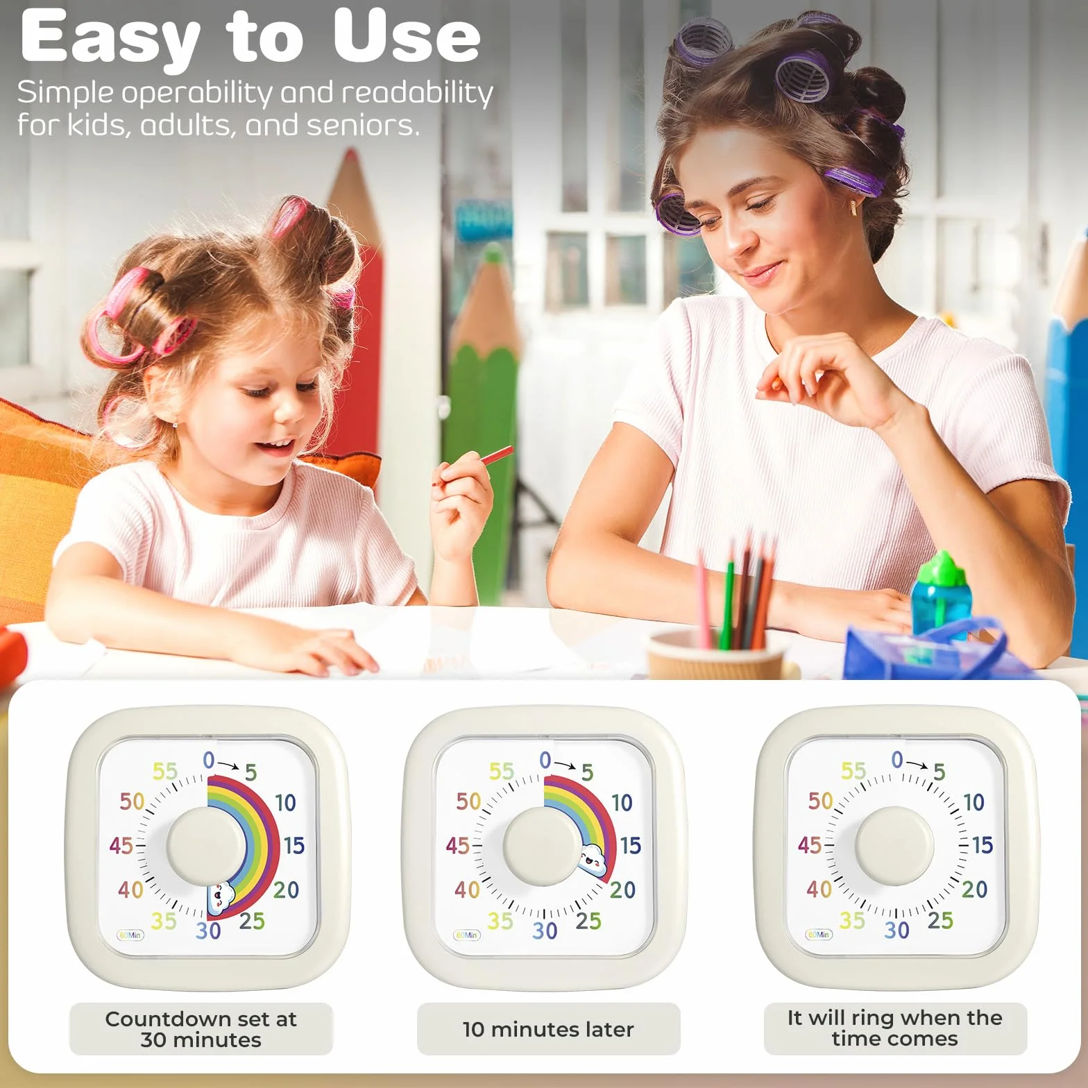 ZLPBAO Visual Timer pour Enfants, Minuteur 60 Minutes avec Motif Arc-en-Ciel pour Cuisine Classe