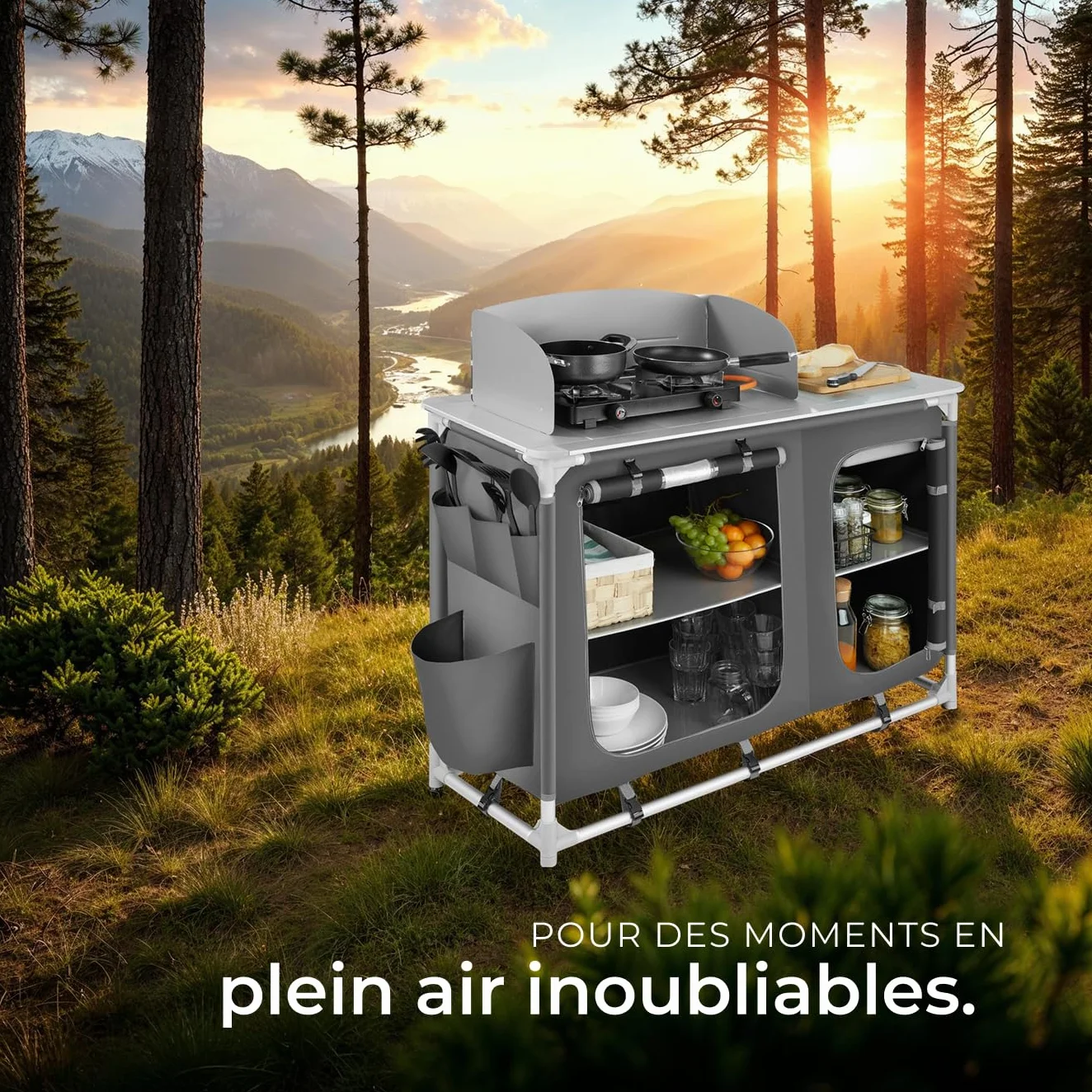 tectake® Meuble de Rangement Cuisine de Camping Pliable en Aluminium, avec Étagères, Plan de Travail, Pieds réglables, Sac de Transport Inclus, Stockage pour Vaisselle, Accessoires Cuisine, Aliments