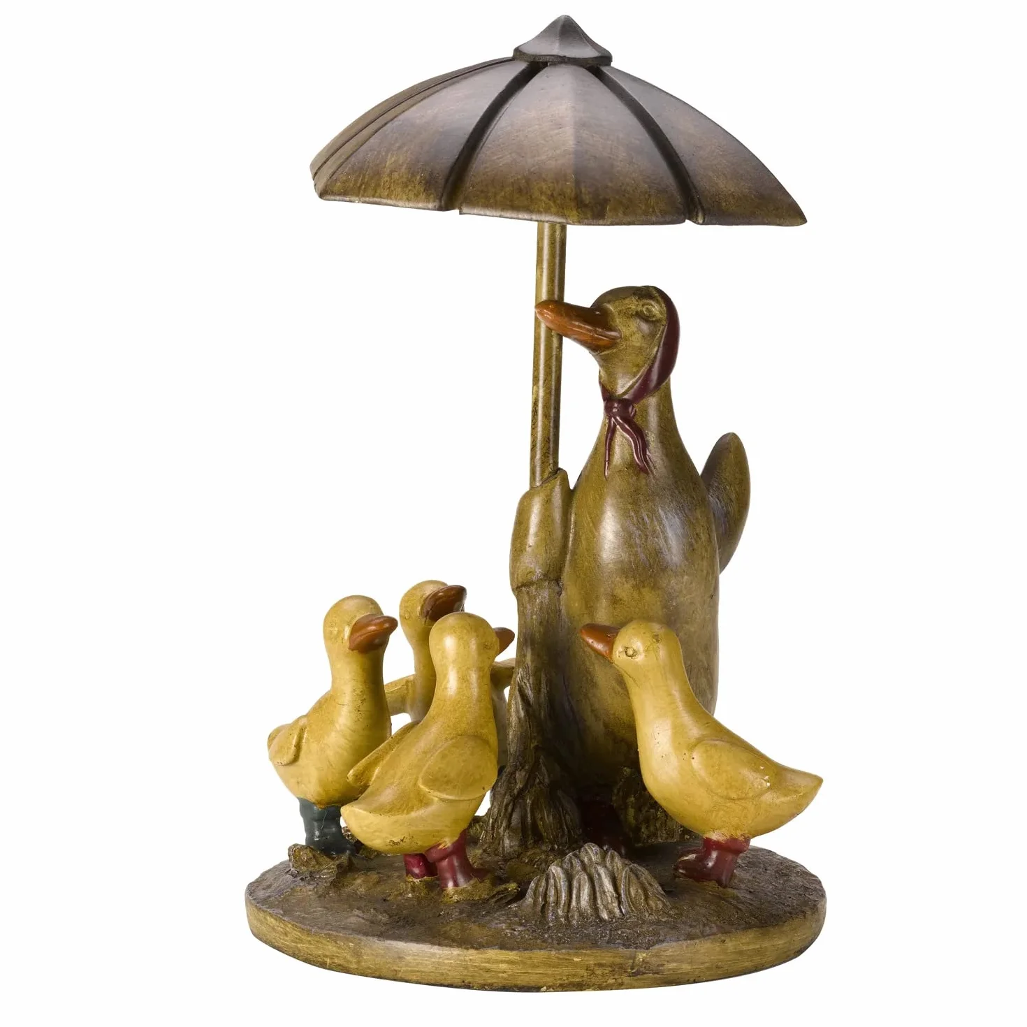 Fontaine de jardin solaire aspect bronze ornée d’une famille de canards sous un parapluie