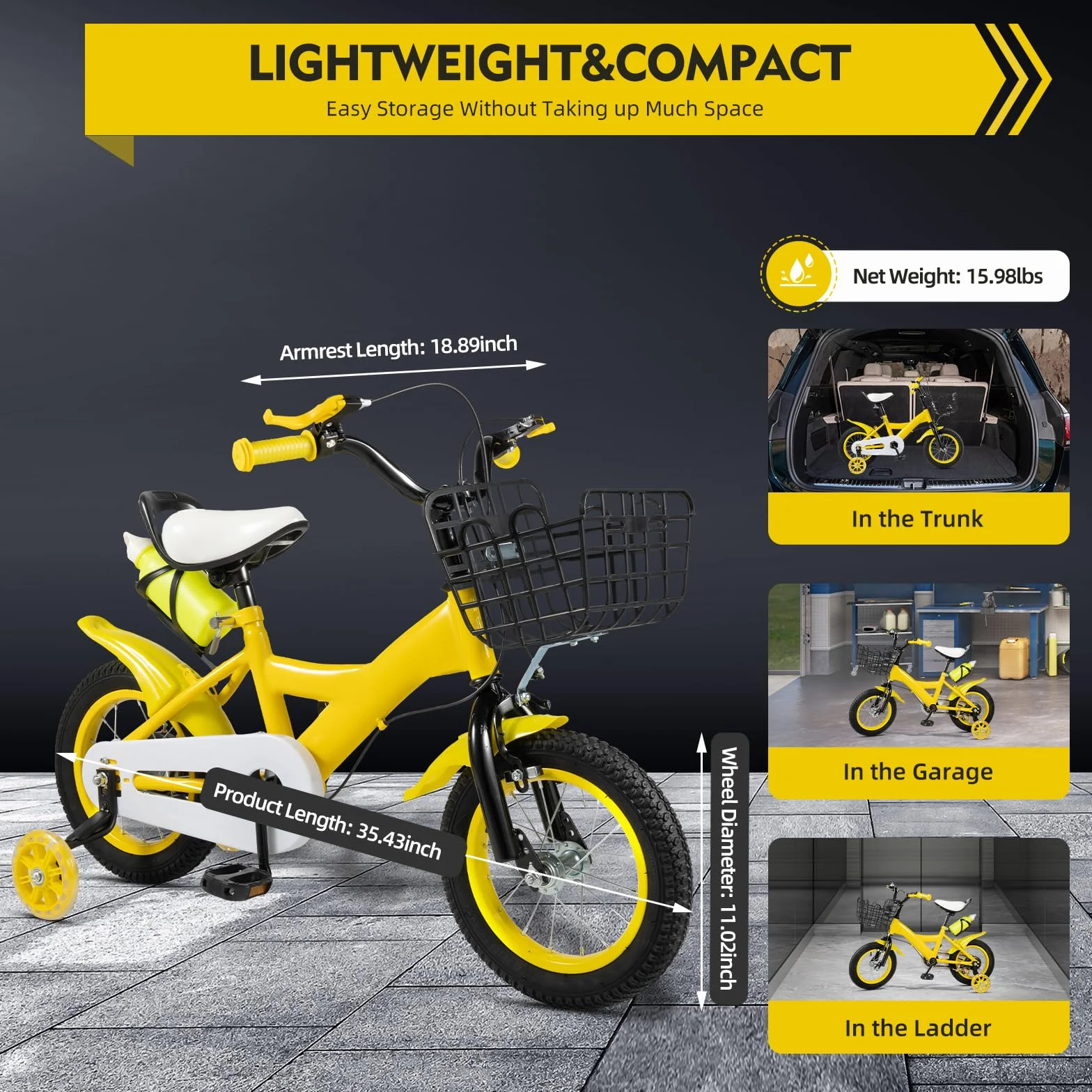 Vélo Enfant 12 Pouces Jaune pour garçons et Filles à partir de 2 à 5 Ans avec Roues stabilisatrices Selle réglable en Hauteur Guidon Panier Porte-Bouteille Double Frein Acier vélo Enfant vélo