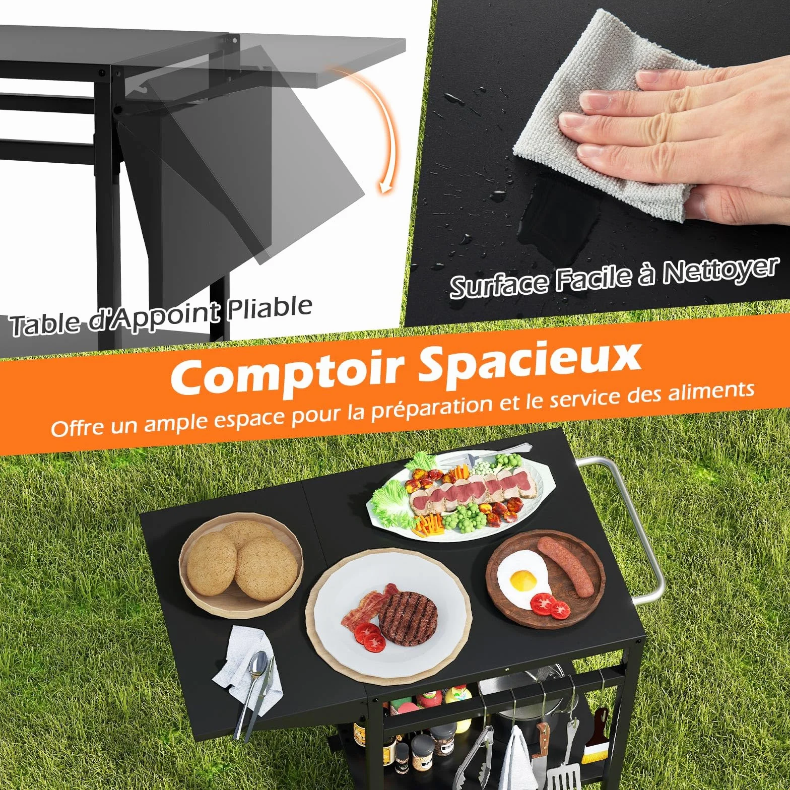 GOPLUS Desserte Jardin Chariot Barbecue avec 2 Roues, Plateau Pliant, 96,5x64x75cm, Noir