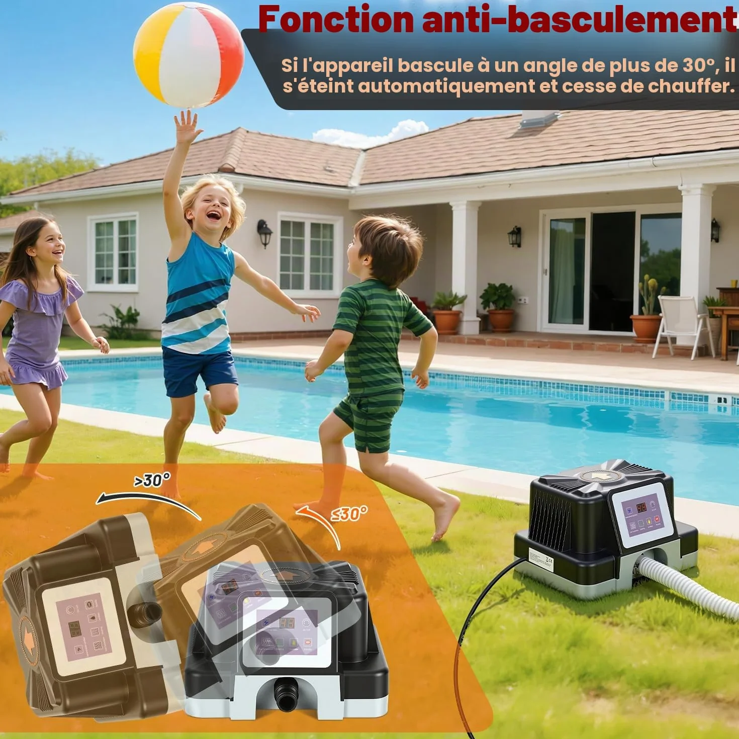 Chauffage de piscine électrique 3 kW, protection FI, anti-basculement, affichage numérique, étanche, pour piscines hors sol 3 m³, raccord 32-38 mm