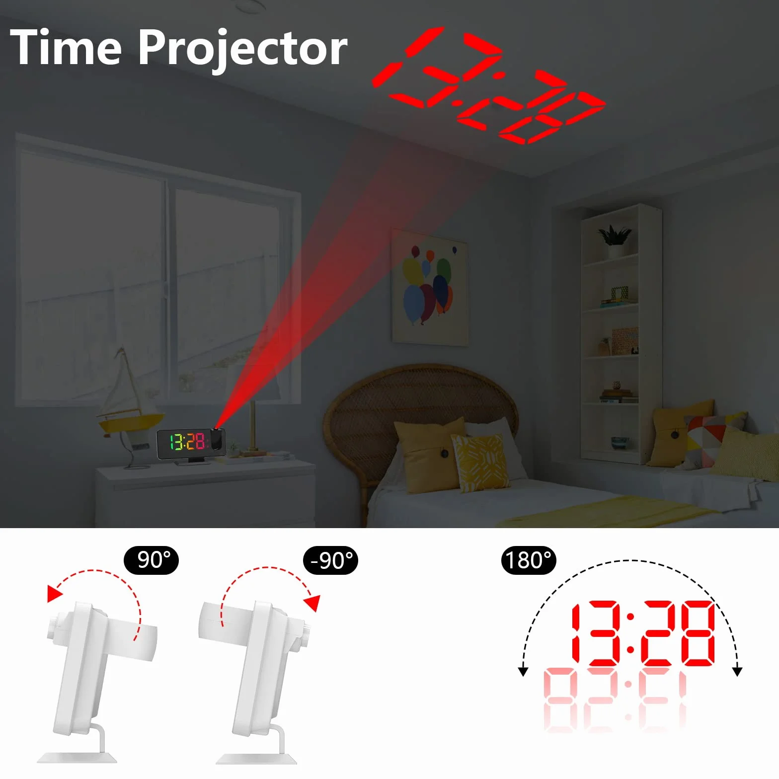 ThreeH Réveil Numérique à Projection avec Miroir LED RGB et Chargeur USB Double Alarme Blanc