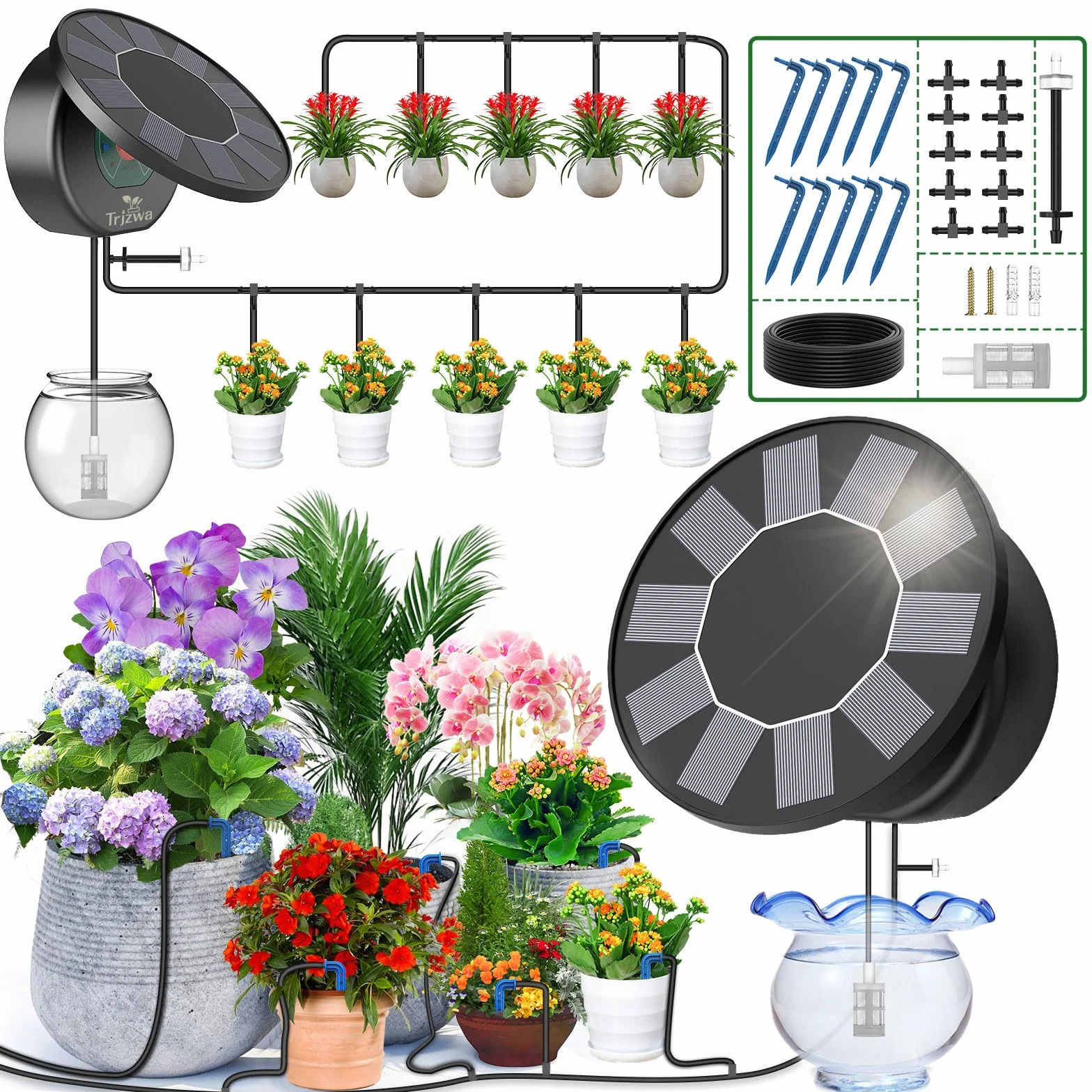 Kit Arrosage Goutte à Goutte Énergie Solaire 10M Tuyau Arrosage Automatique avec Programmateur pour Jardin Plante