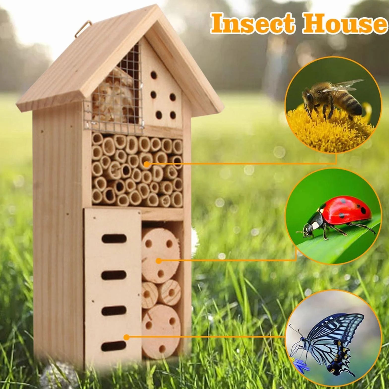 Pekoluta Maison d'insectes en Bois Hôtel pour Papillons Abeilles Coccinelles Habitat Suspendu Extérieur