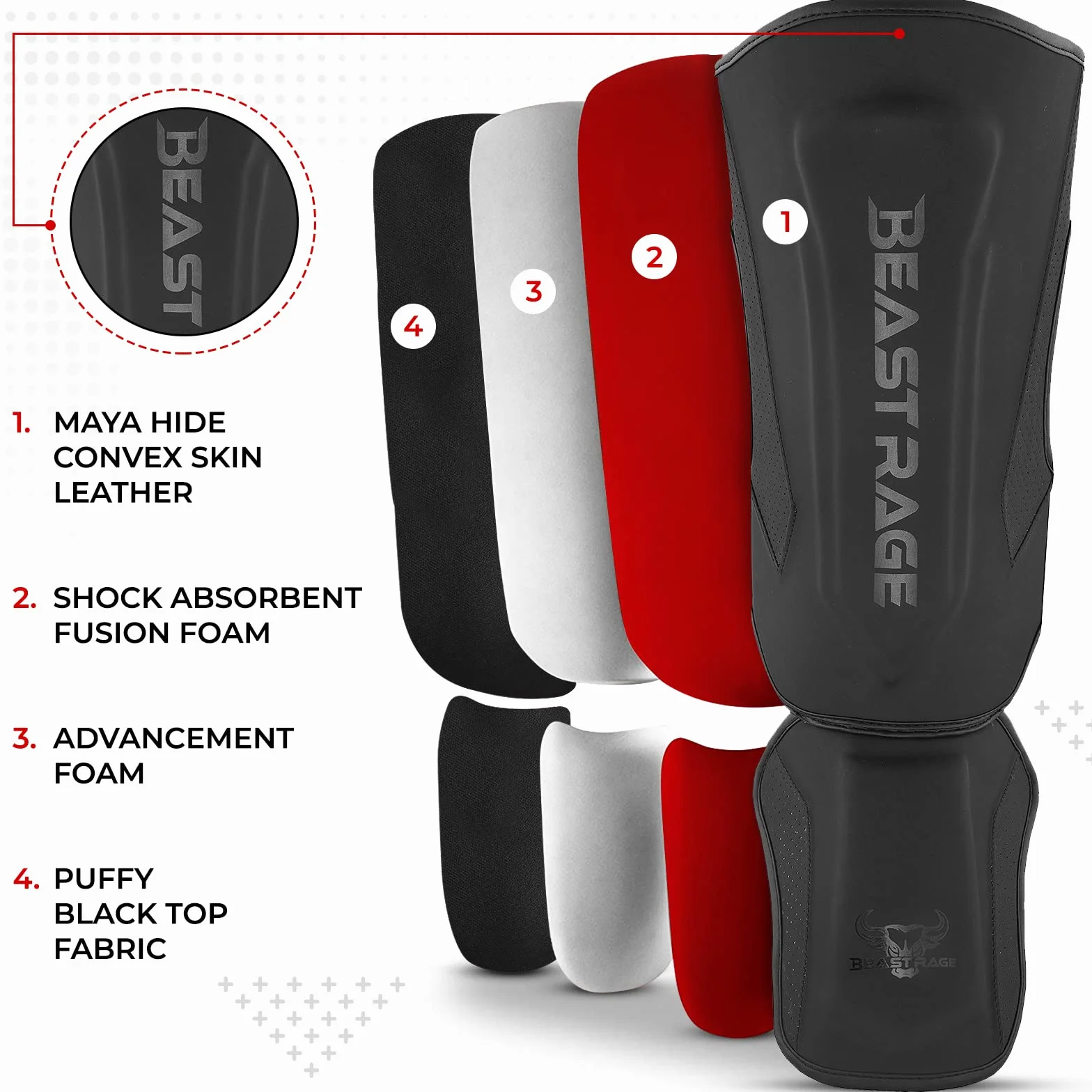 BEAST RAGE Protège-Tibias pour Kickboxing, Muay Thai, Arts Martiaux, MMA avec Protection du Cou-de-Pied, équipement d'entraînement MMA, équipement d'entraînement Sparring, BJJ, karaté