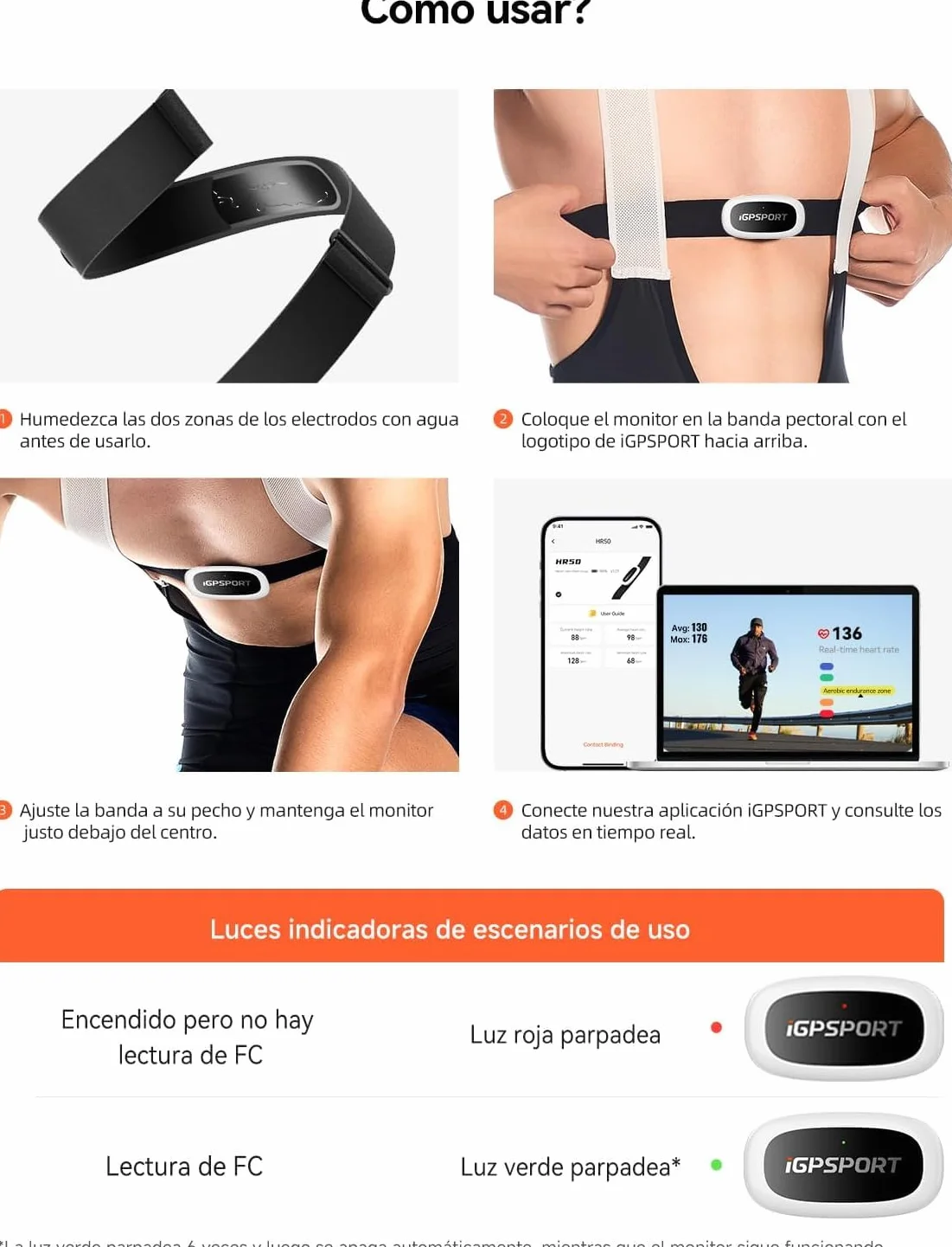 iGPSPORT HR50 Moniteur de fréquence cardiaque Bluetooth & Ant+ avec sangle de poitrine pour course à pied, cyclisme, gym et compatible avec Garmin Polar Wahoo Noir