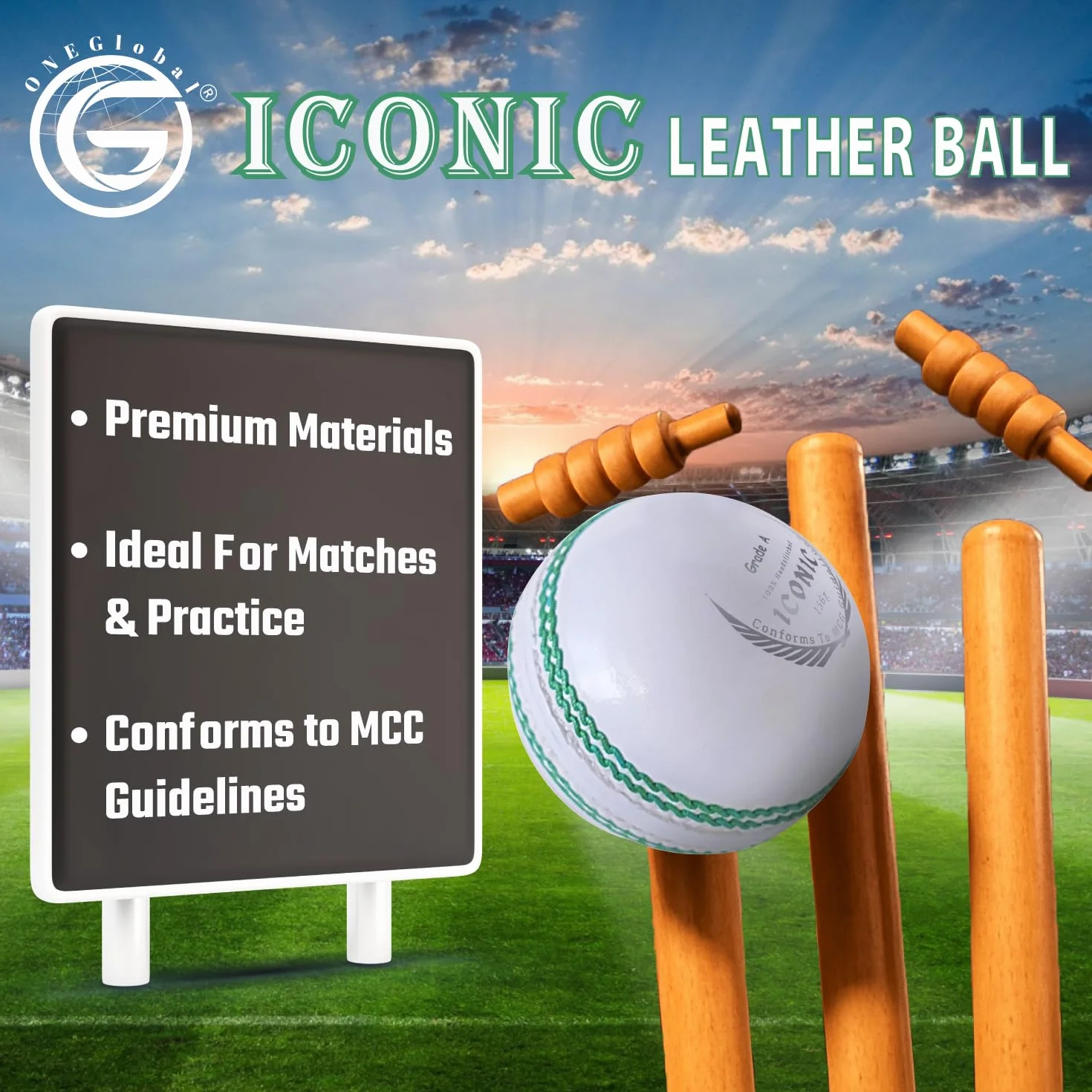 Balle de cricket emblématique en cuir | 100 % cousue à la main, 156 g – 5,5 oz, construction imperméable en 4 pièces | Balles de cricket rigides de qualité assortie