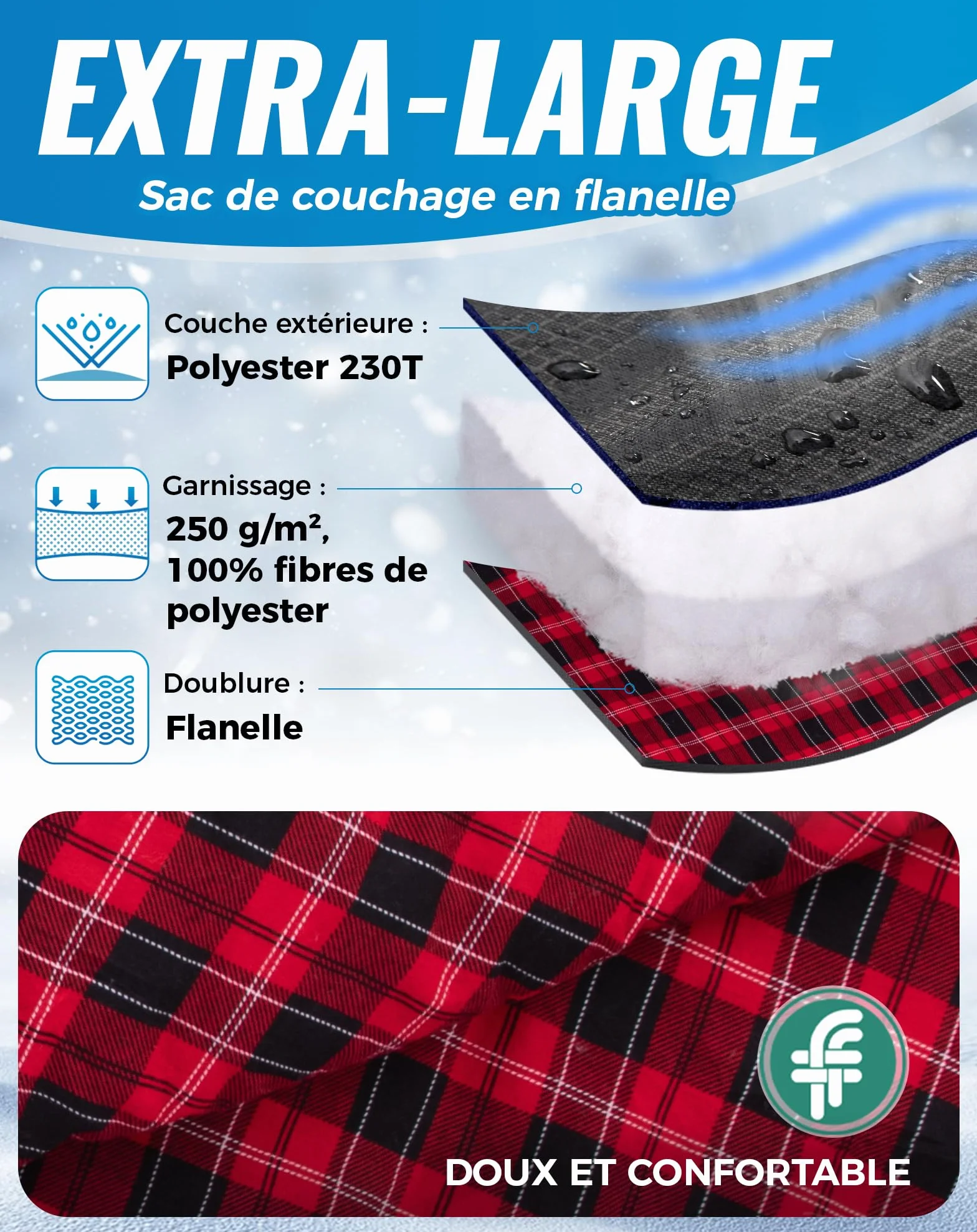 KingCamp Sac de Couchage pour Adultes Enfant Flanelle de Coton 3-4 Saisons Ultralight Extra Large Sac de Couchage Camping Chaud Compact Portable Grand Froid pour Camping Randonnée Extérieur Intérieur