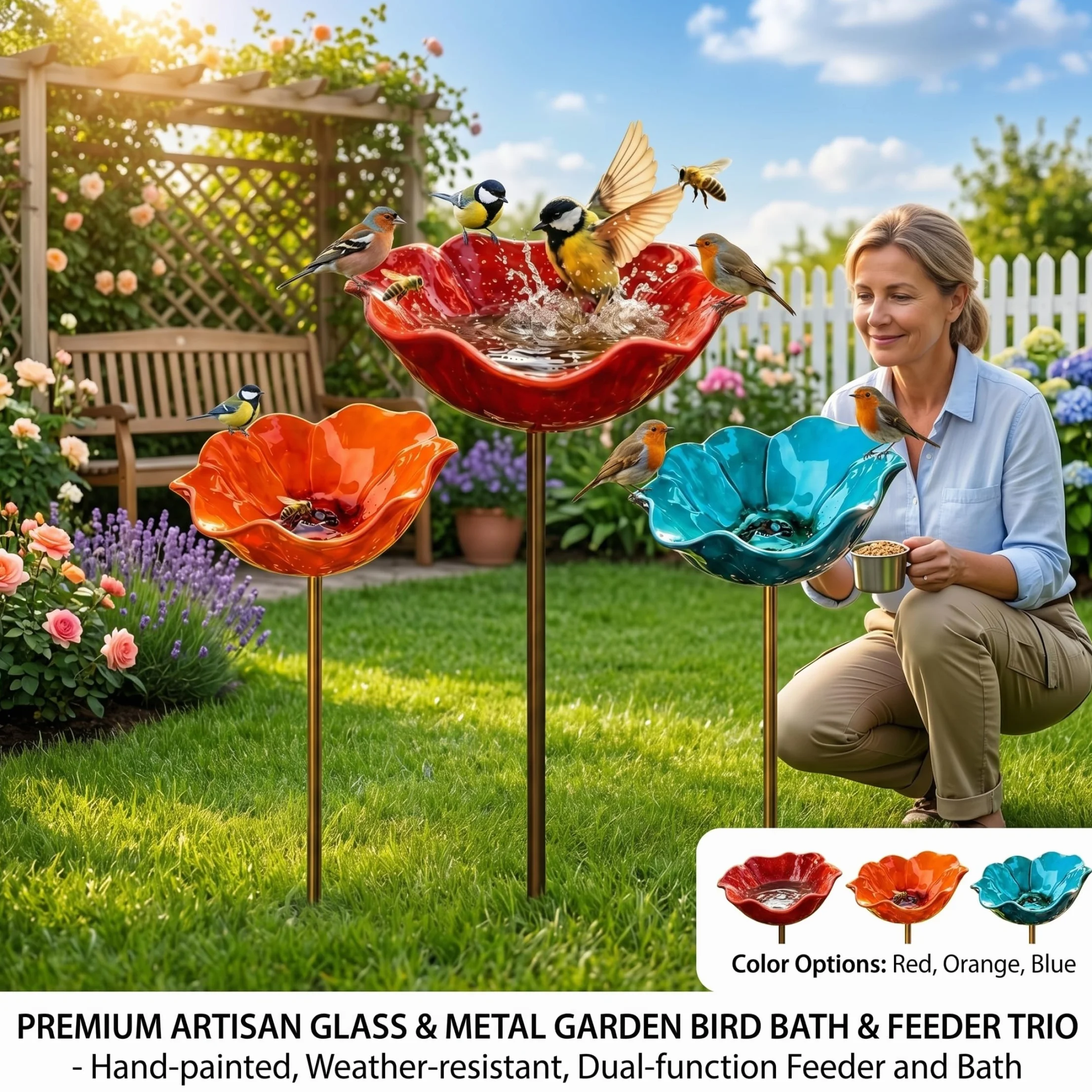 Lot de 3 piquets de Jardin en métal pour Fleurs, Bain d'oiseaux, Multifonctions Extérieur, Bleu, Orange, Rouge