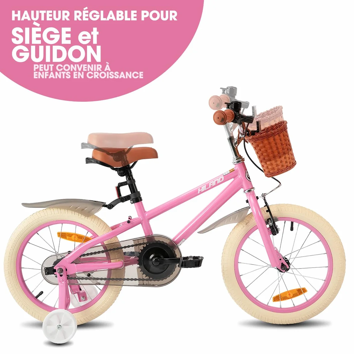 HILAND Vélo Enfant 14/16/18 Pouces pour Fille garçon 3 4 5 6 7 8 9 10 Ans avec Roues stabilisatrices, Frein à Main et Frein à rétropédalage Panier Vert/Rose