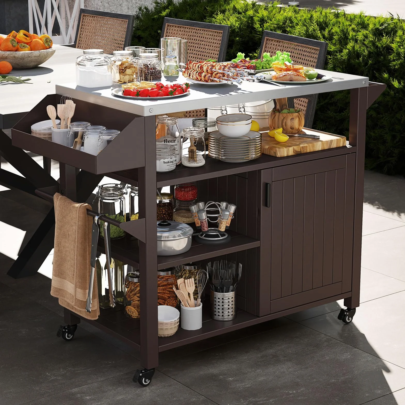 KOMFOTTEU Chariot Barbecue Acier Inoxydable avec Armoire Porte 3 Étagères Ouvertes 117 x 50 x 87 cm