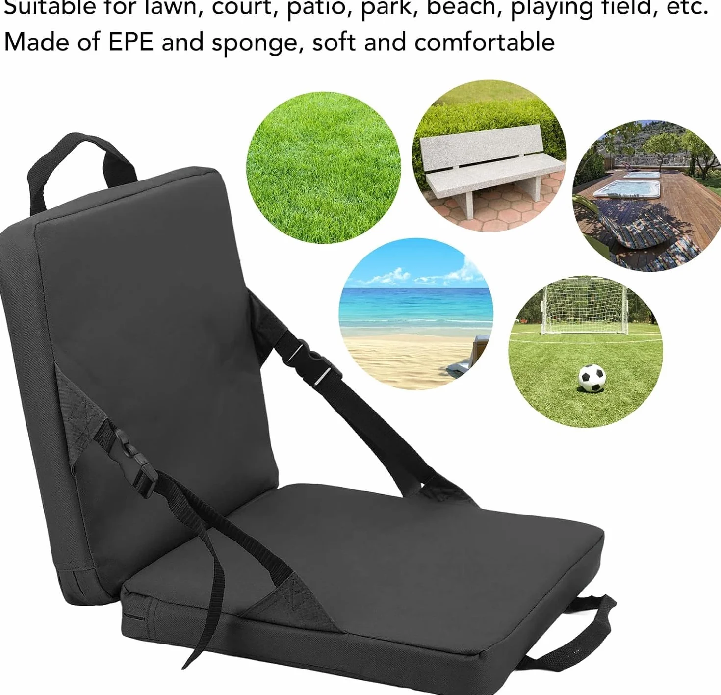 Coussin de siège de stade pliable, avec soutien dorsal, coussin rembourré extra épais, poignée portable, coussin de blanchiment pour extérieur (noir)
