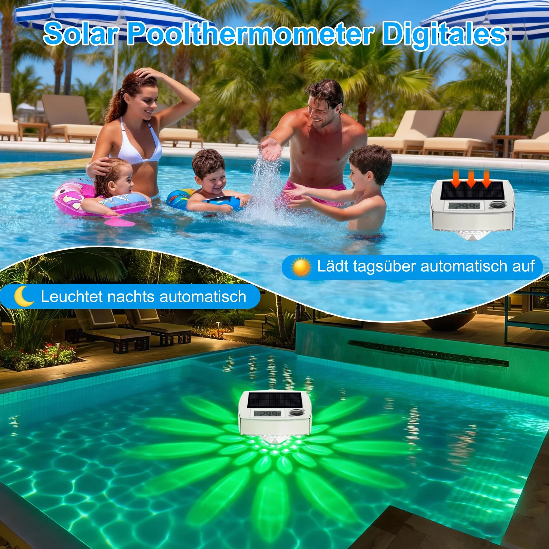 Thermomètre de piscine solaire numérique 2 en 1 avec éclairage LED RVB, grand écran LCD, étanche IP68