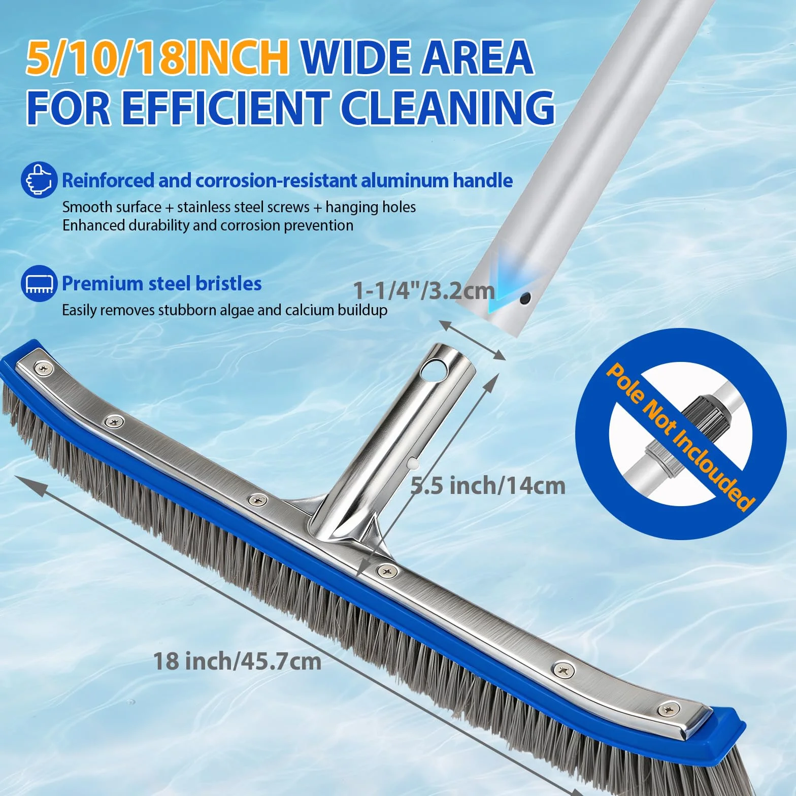 Brosse Piscine 18 Pouces (45,7 cm) Acier Nylon Dos Aluminium Clip EZ pour Fond Parois Piscine Enterrée