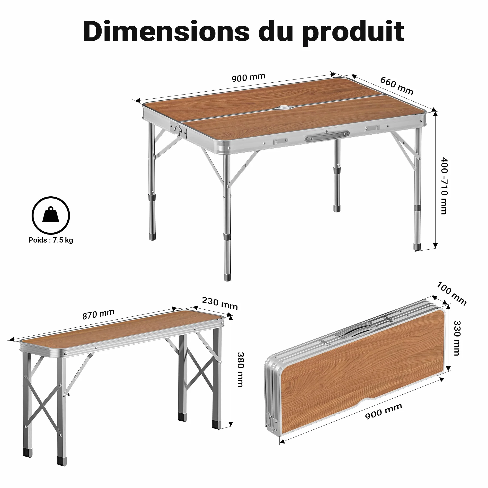 WilTec Table Pliante Valise 900 x 660 x 700 mm Aluminium MDF Camping Pique-Nique BBQ