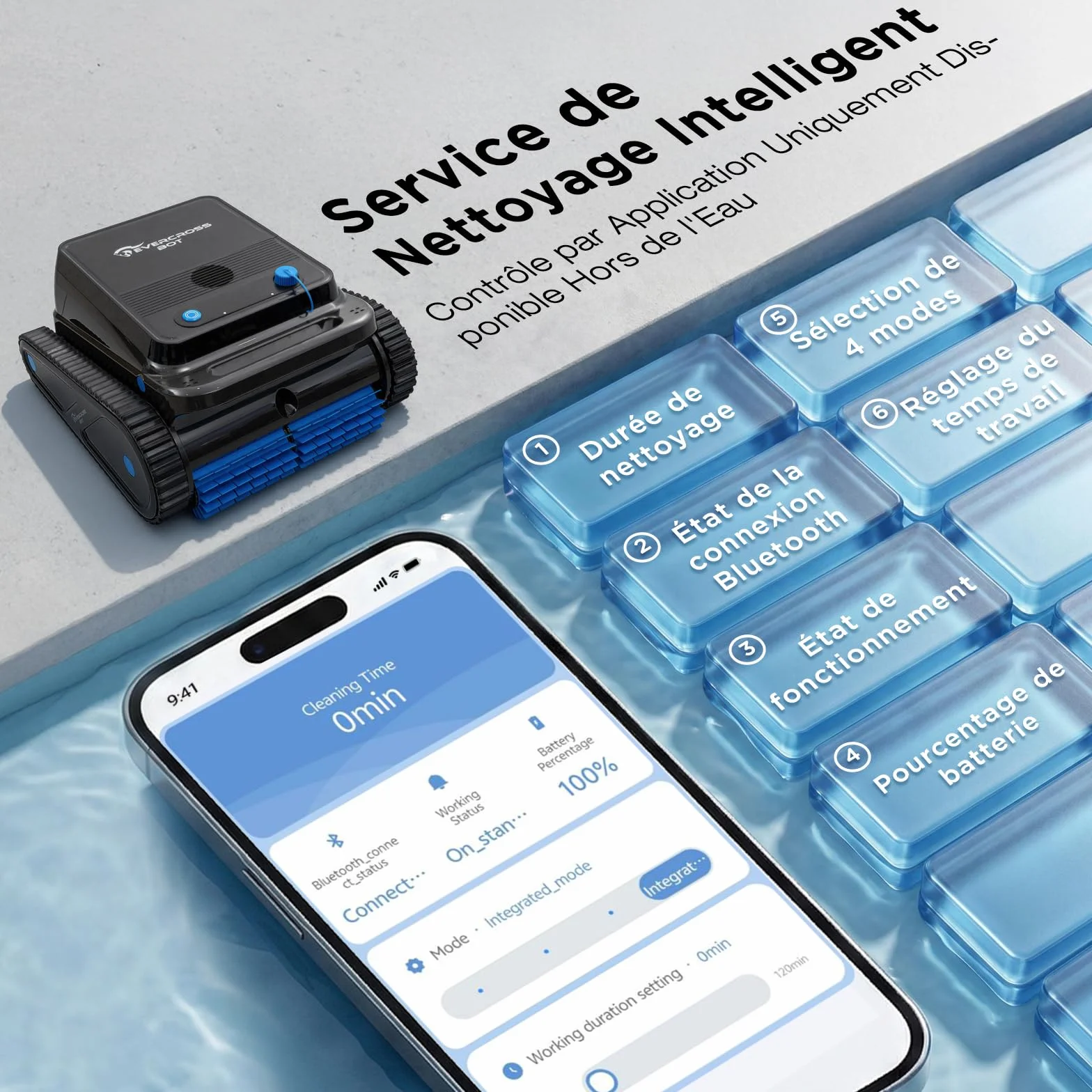 Robot Piscine Fond et Parois sans Fil 120 Min Autonomie 200㎡ Navigation Intelligente