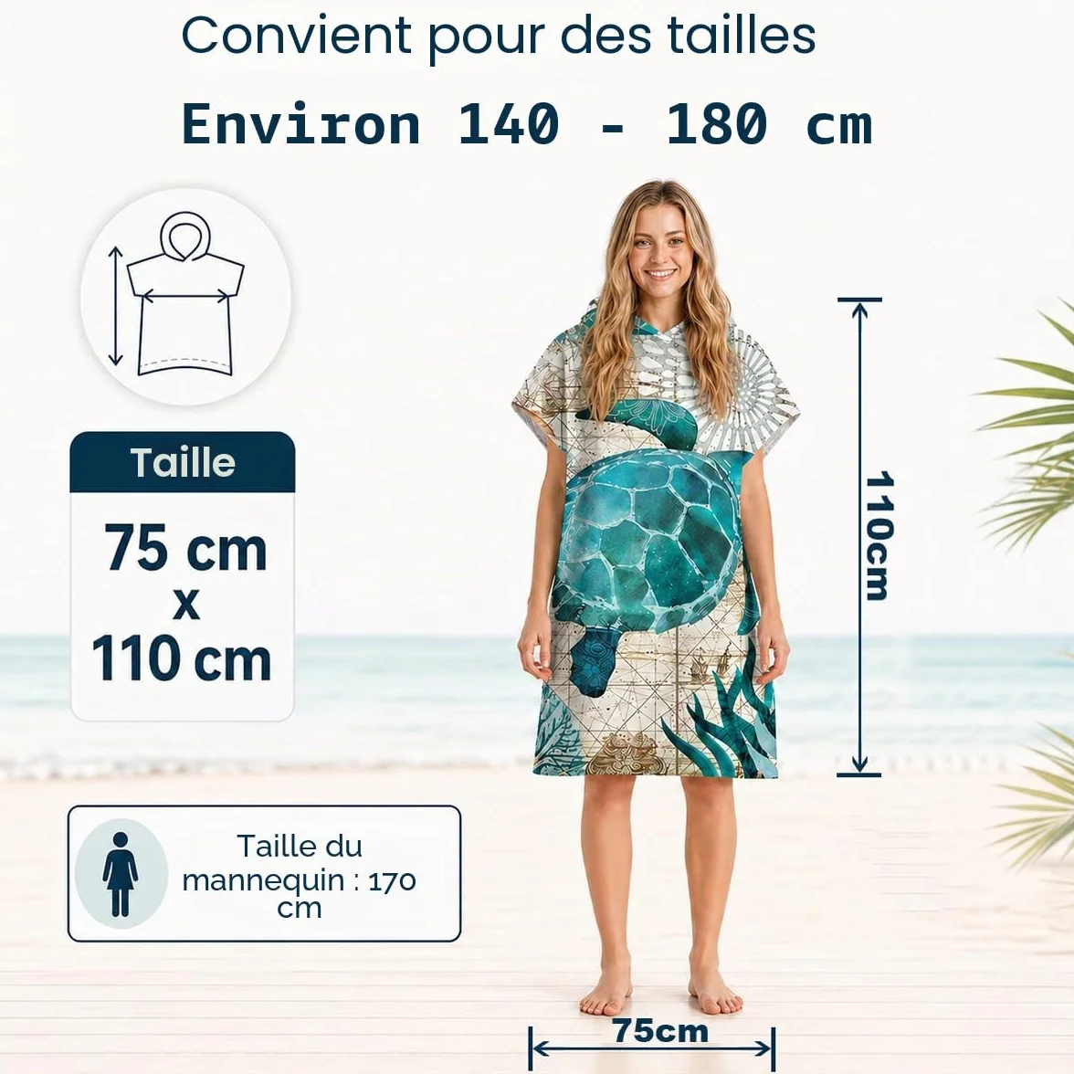 Odot Serviette Poncho de Surf, Microfibre à Séchage Rapide en Tissu Surfing Changement Robe à Capuche Poncho Plage à Langer Peignoir Natation pour Adulte Large