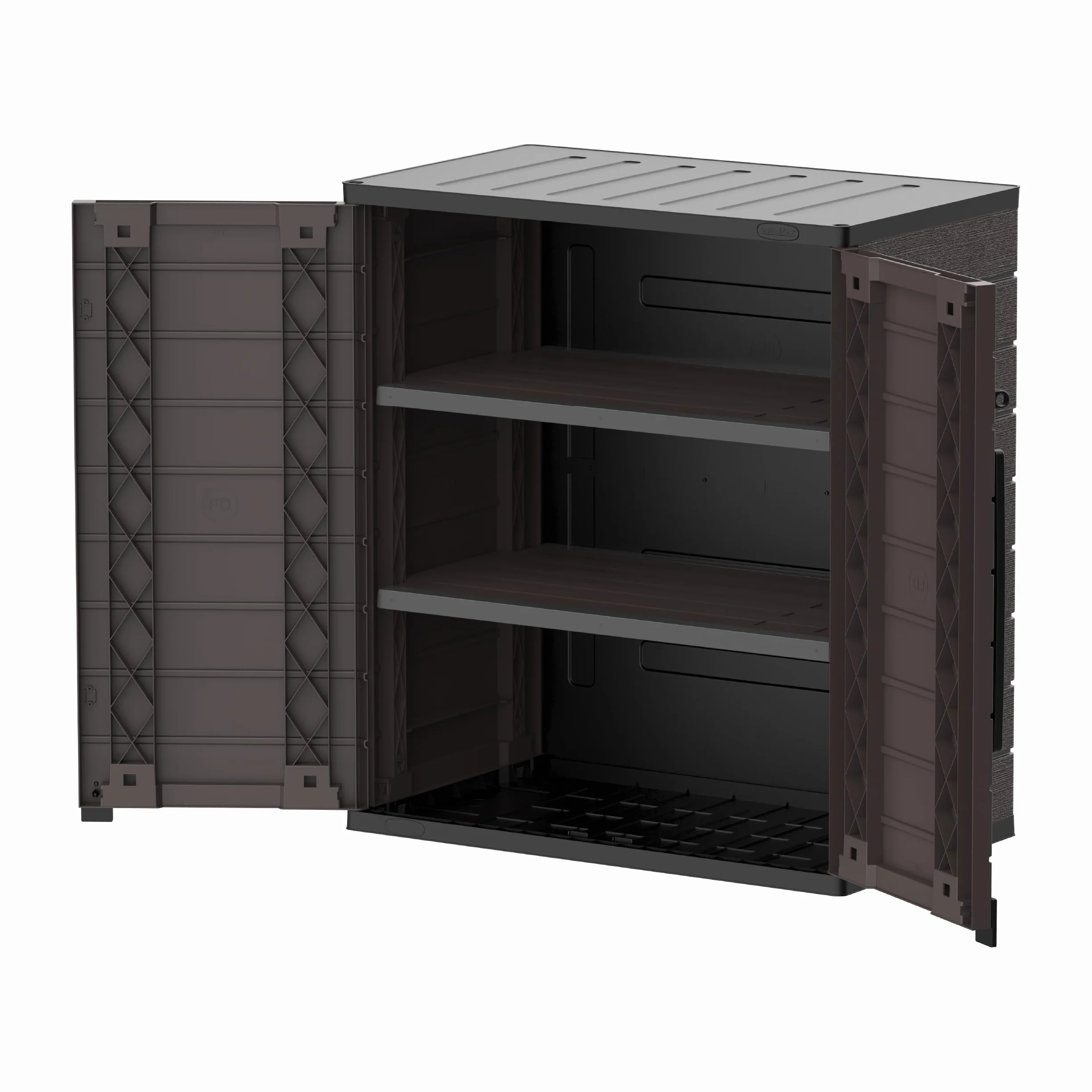 Duramax Cedargrain Short Plastic Vertical Storage Cabinet 2 Door with Shelves Outdoor Lockable Water Resistant Brown
