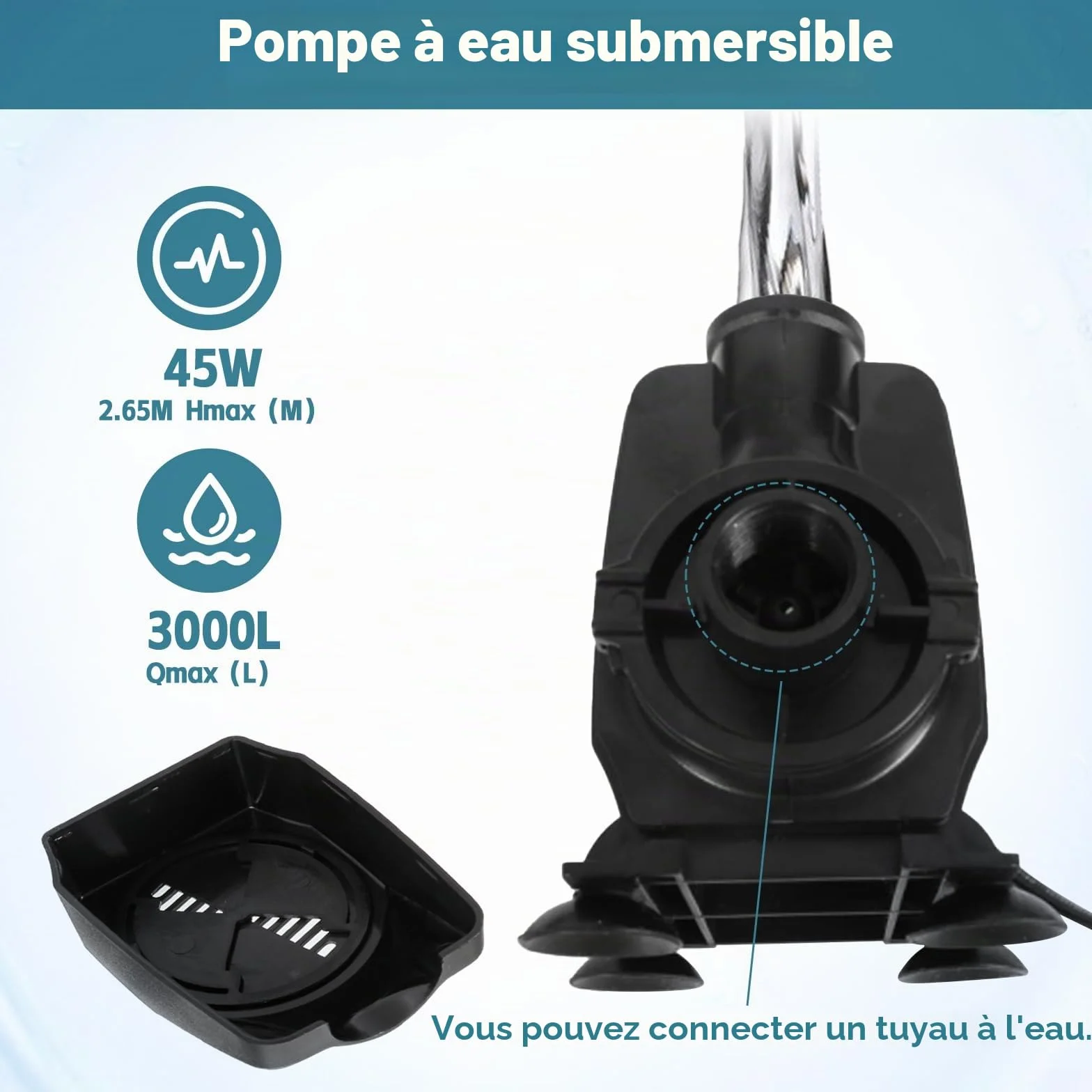 Kit de filtre cascade bassin 45 W 3000 l/h acier inoxydable 30 cm LED colorée