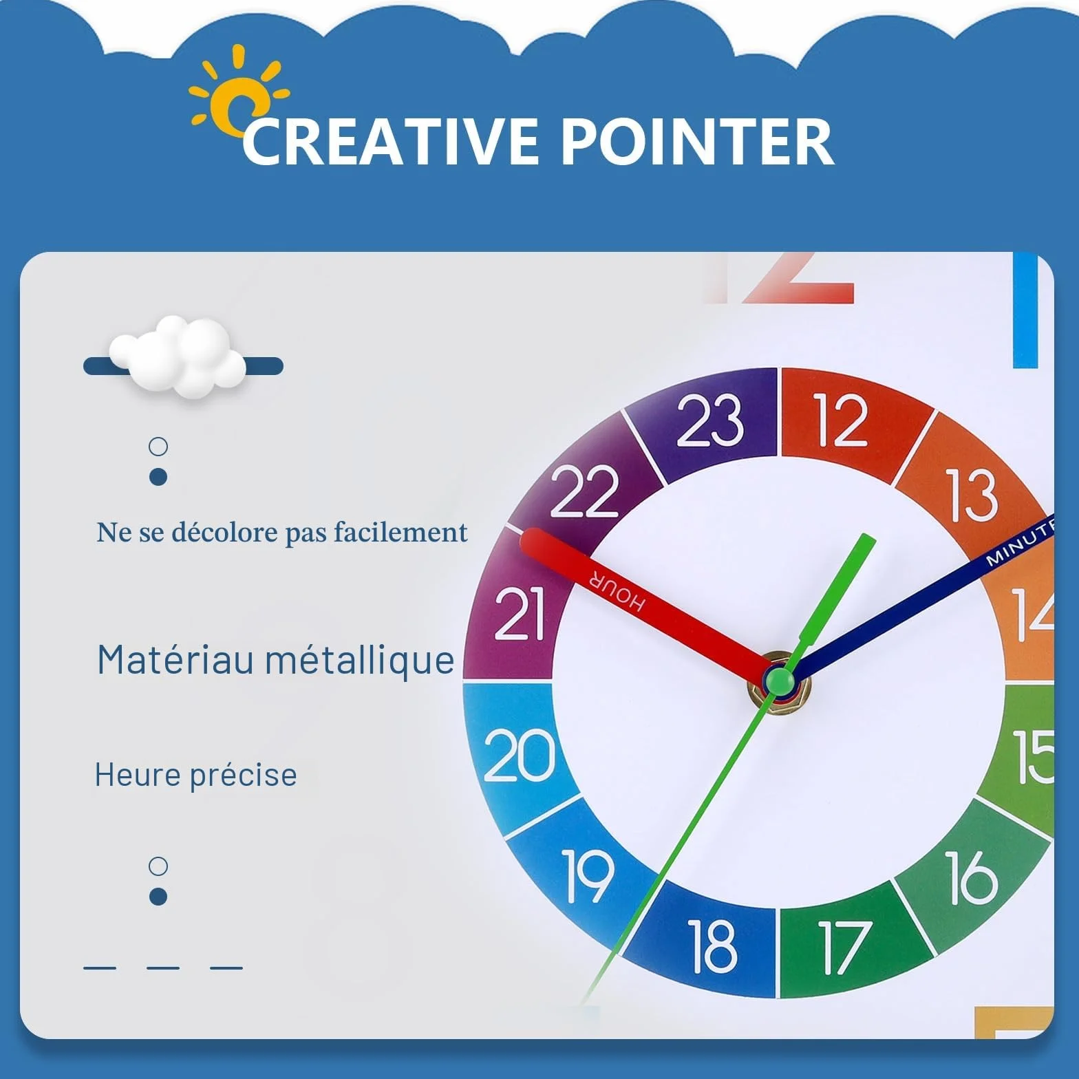 JIZZU Horloge Murale Apprentissage Enfants Ø 30cm Pendule Silencieuse Colorée 3D Chiffres Facile à Lire