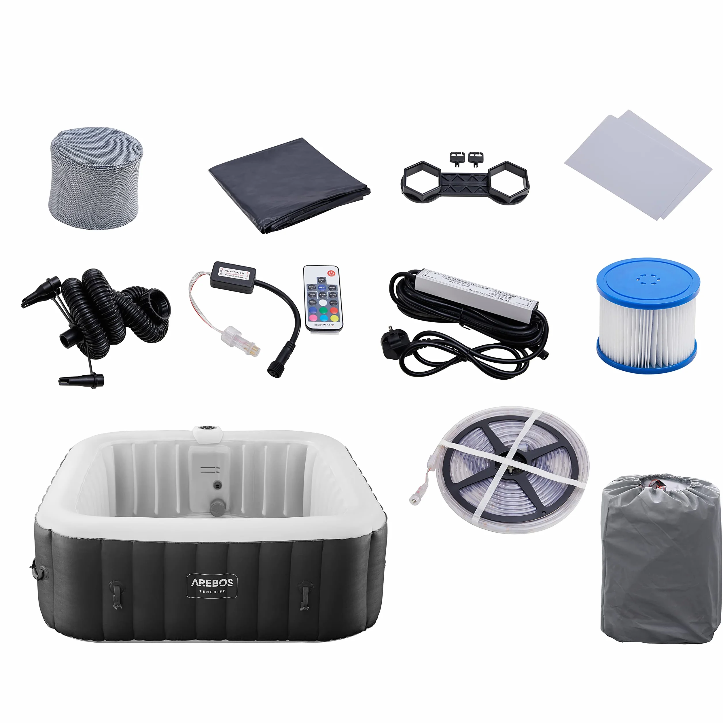 Arebos Spa Gonflable 185x185cm 6 Personnes 130 Jets LED Bulles Massage Automatique