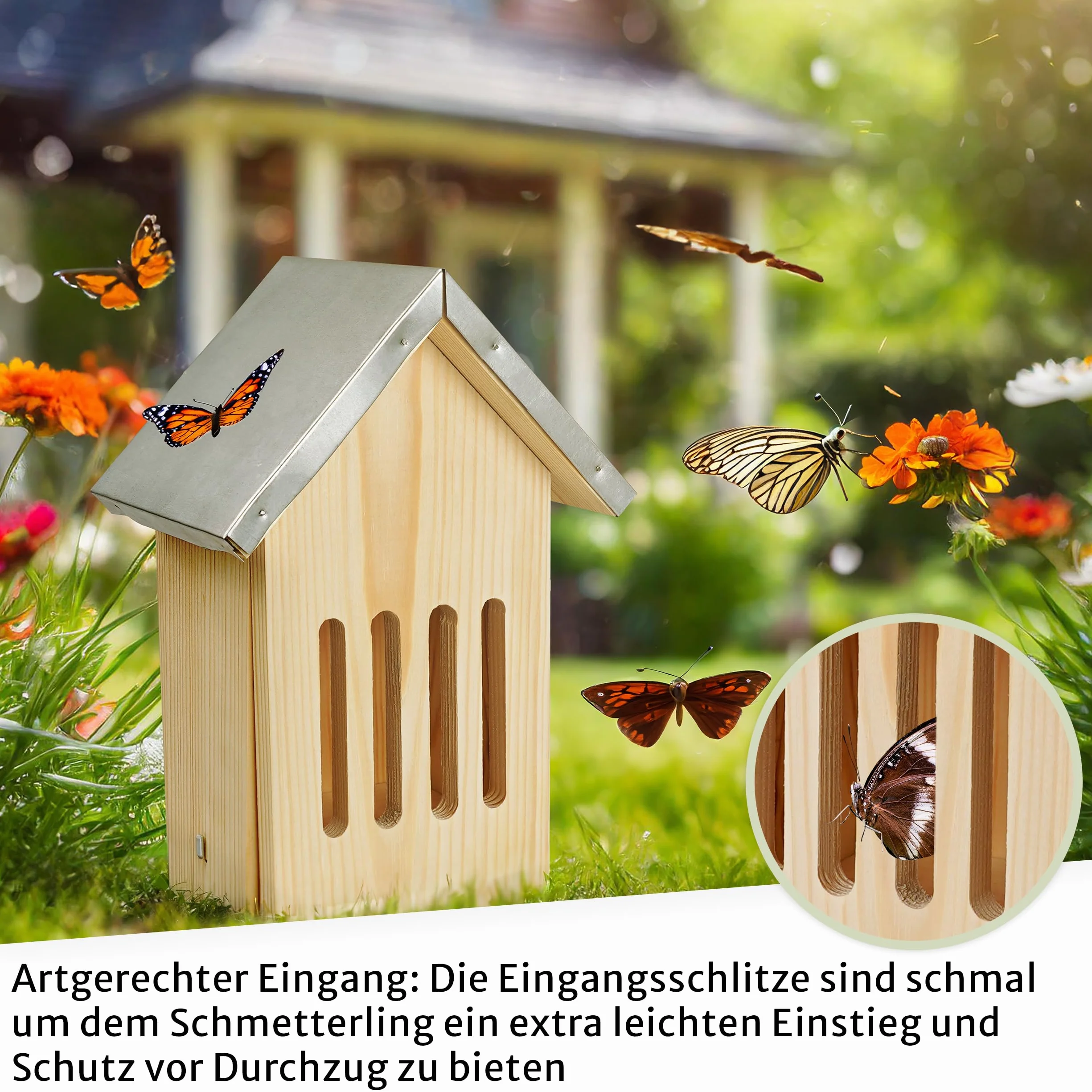 Oramics Maison à papillons en pin avec toit en métal résistant aux intempéries pour jardin et balcon
