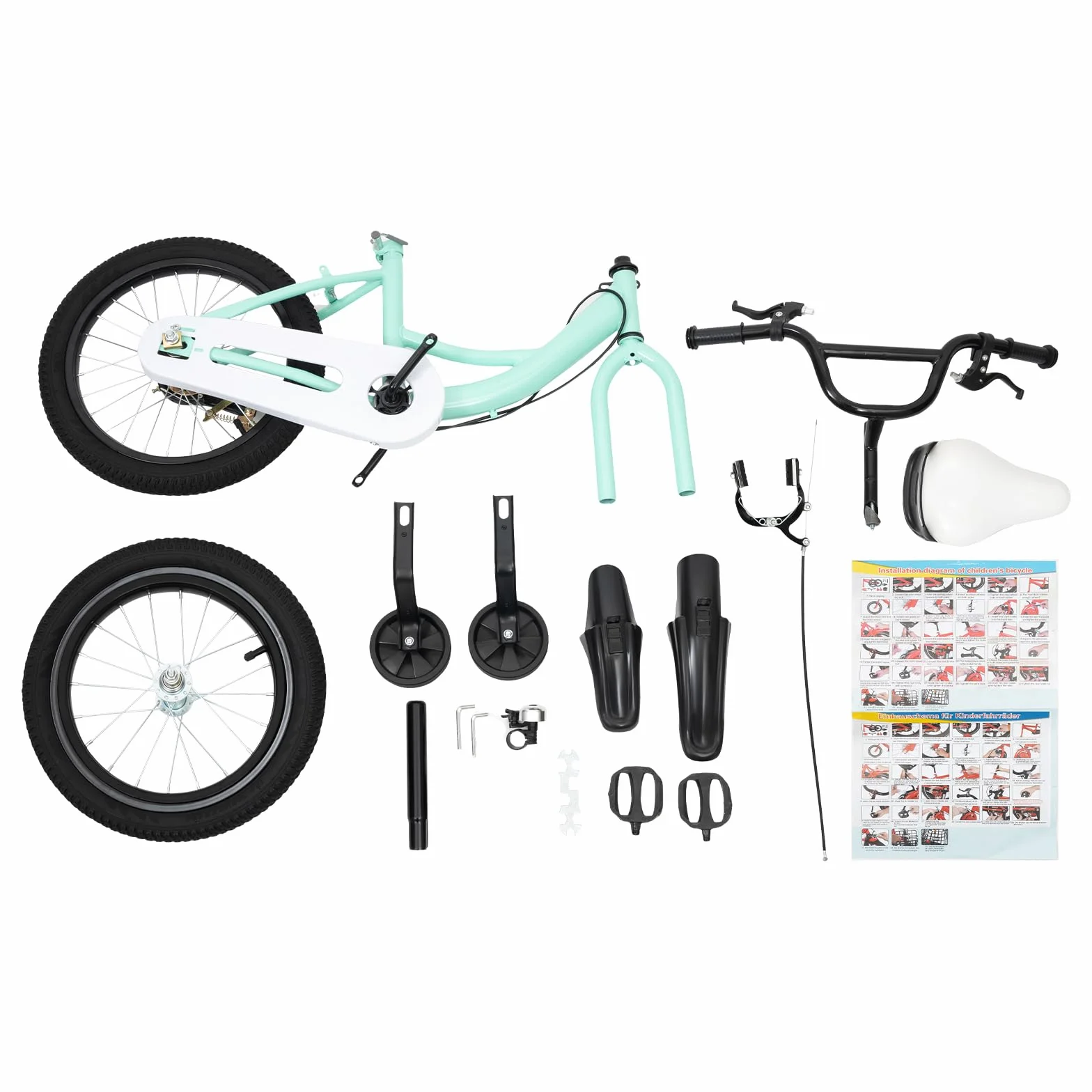 Vélo pour Enfant de 16 Pouces pour Fille Vert, vélo pour Enfants à partir de 5 à 8 Ans (100-135 cm), Cadre en Acier au Carbone, Selle et Guidon réglables en Hauteur, Roues stabilisatrices