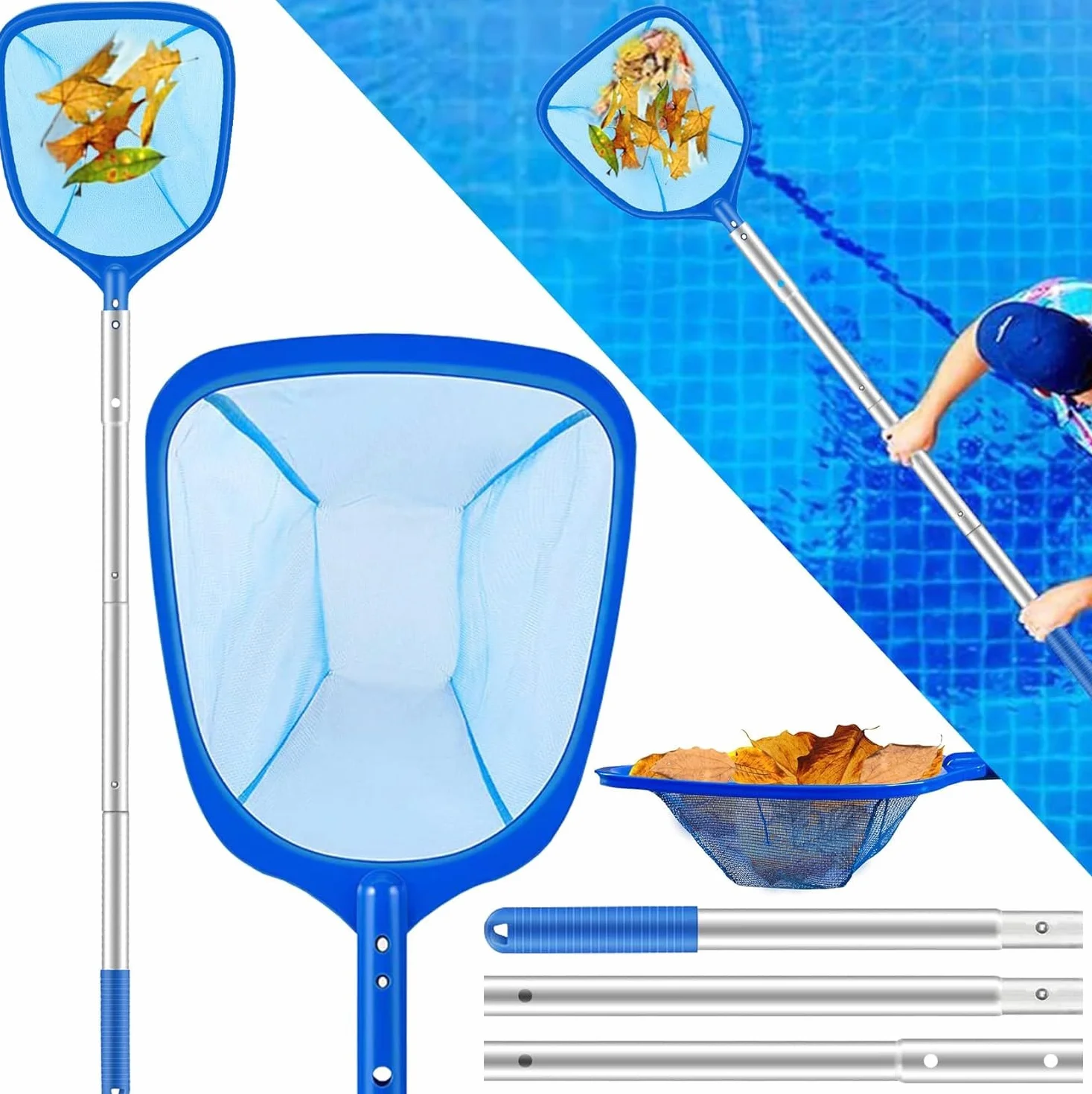 Épuisette Piscine Télescopique 140cm Filet Nettoyage Fond Surface Bassin Spa