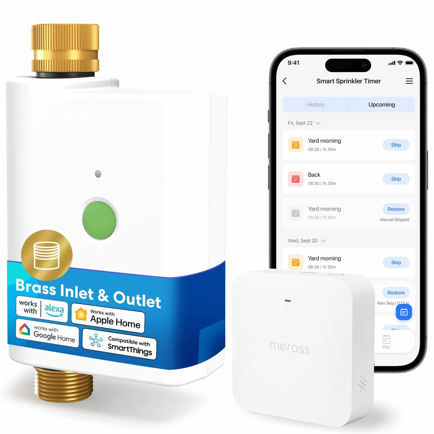 Meross Programmateur Arrosage WiFi MST100, Arrosage Automatique APP, Raccord Double Laiton, Compatible HomeKit Alexa Google Home, Blanc 2.4GHz