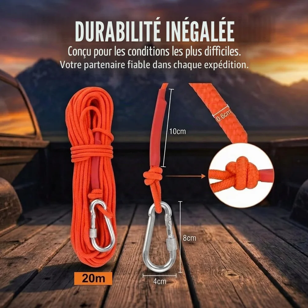 Corde Tressée Polypropylène avec Mousqueton Anti-Corrosion pour Escalade Pêche Alpinisme