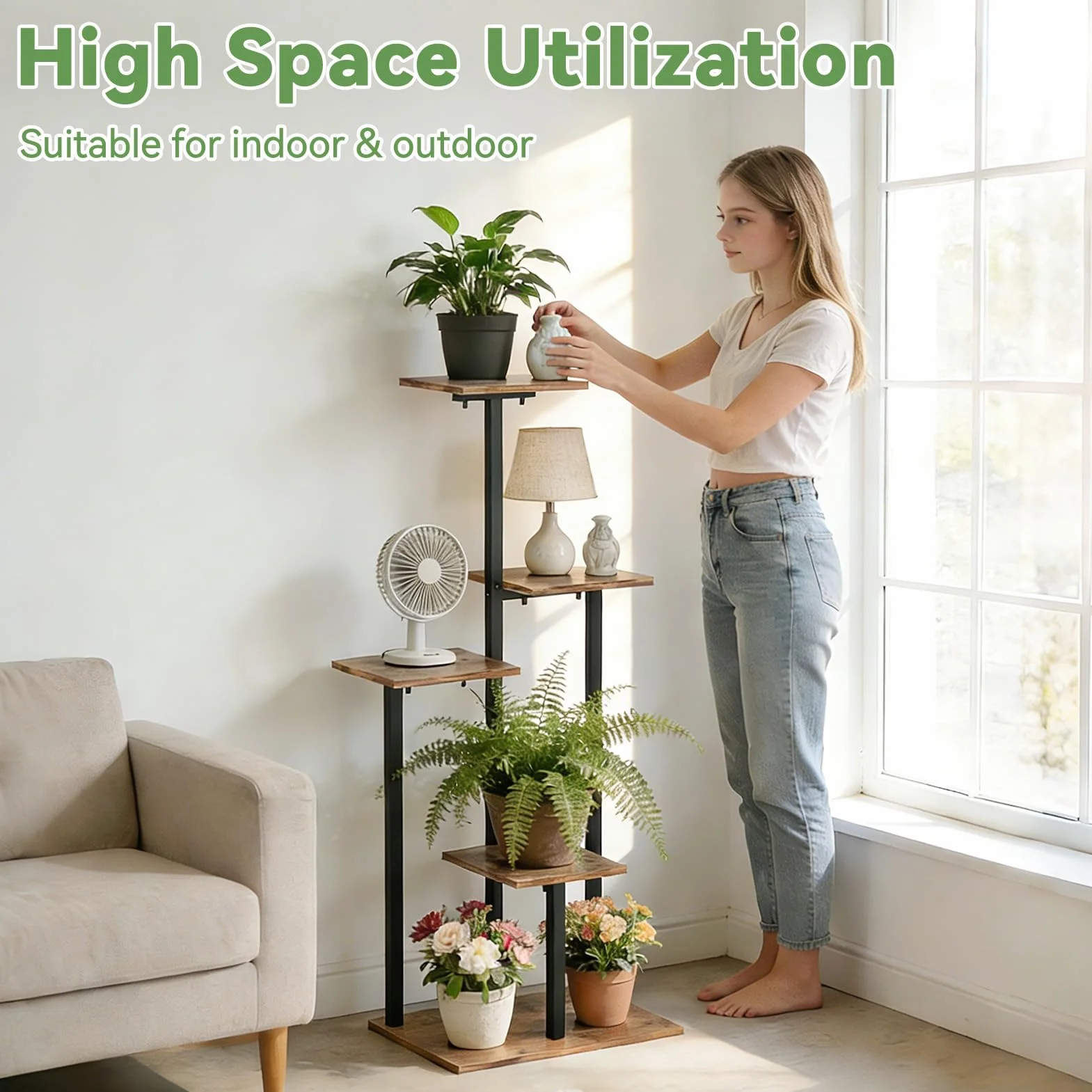 Support Plantes Intérieur 5 Étages, Porte Plante Métal Étagère Verticale pour Salon Balcon Bureau