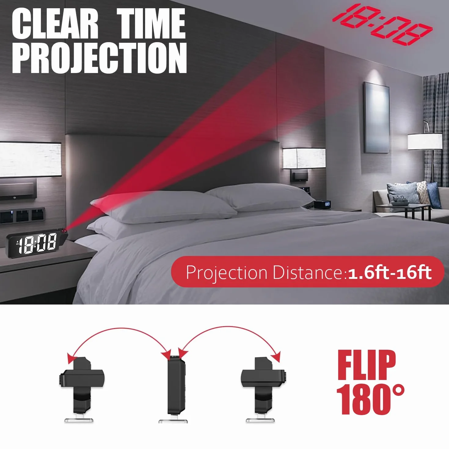 Réveil Projecteur Plafond avec Température, Horloge Numérique LED Projection 180° Luminosité Réglable