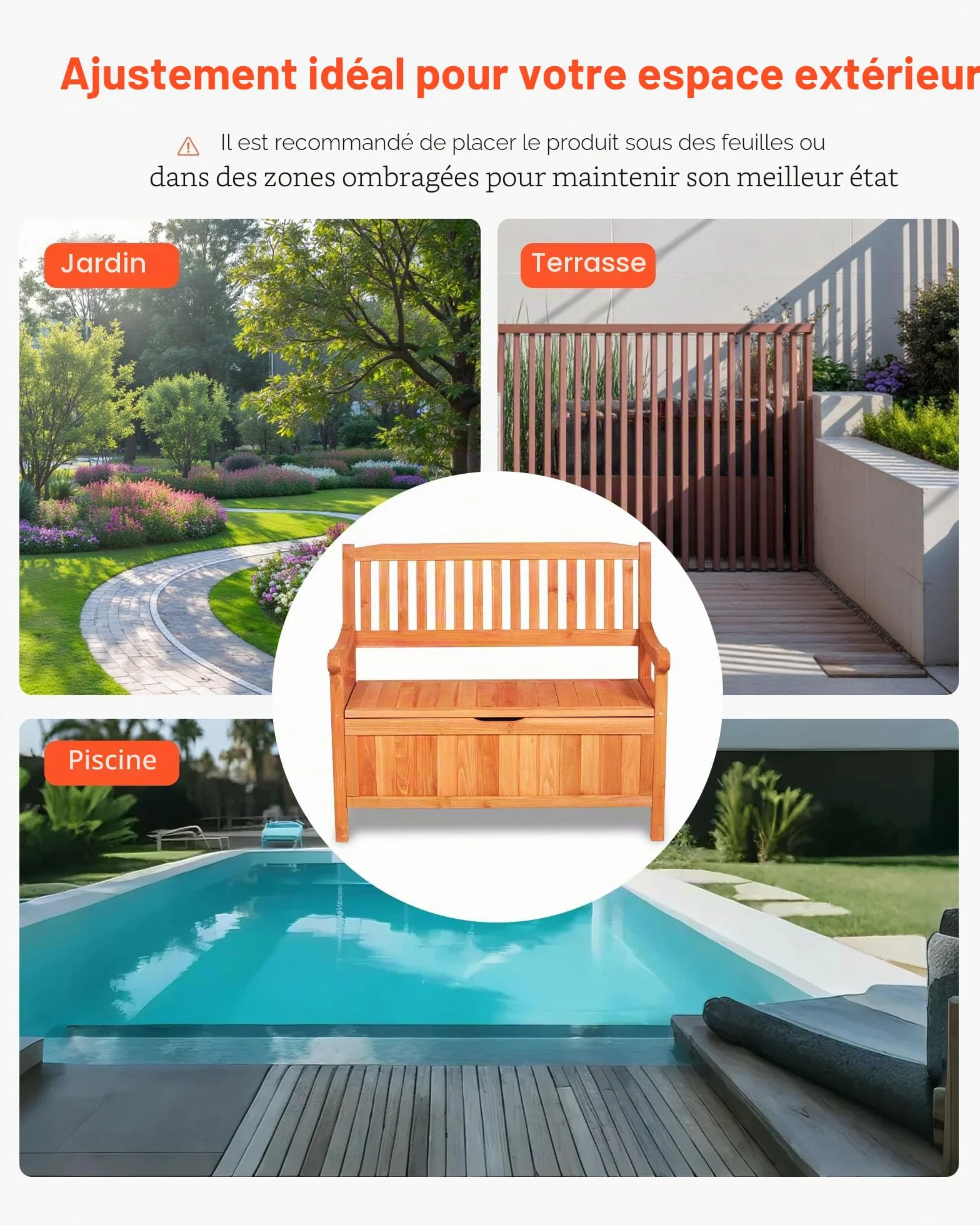 VEVOR Banc de Rangement Extérieur en Bois Coffre de Jardin 125 L 2 en 1 avec Poignée Latérale, Capacité de Charge 319,8 kg