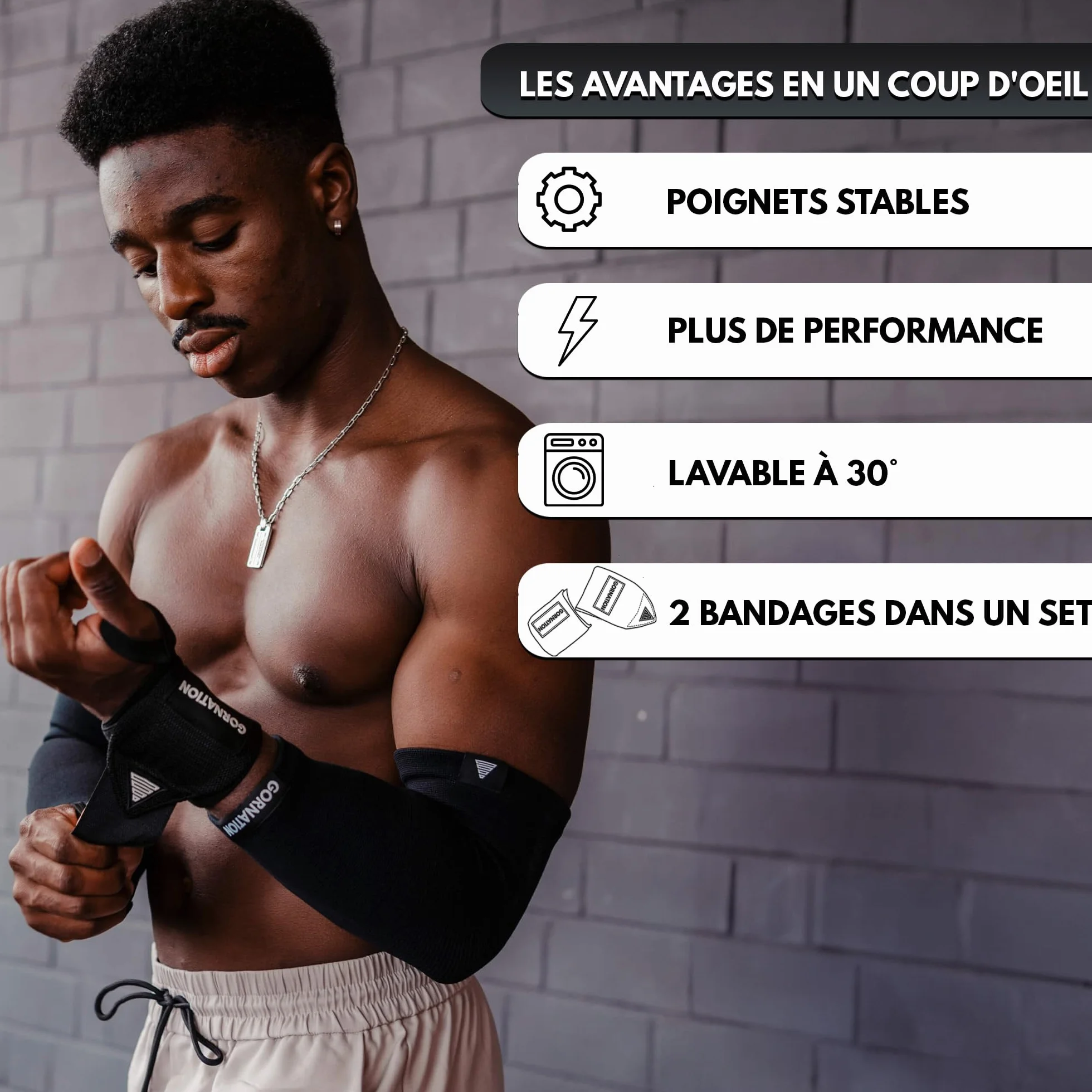 GORNATION Protège-Poignets, Bande Poignet Musculation, Power Wrist Wraps pour Musculation, Crossfitness, Gym, Street Workout et Sports de Force, Bandes de Poignet - 1 Paire, Noir