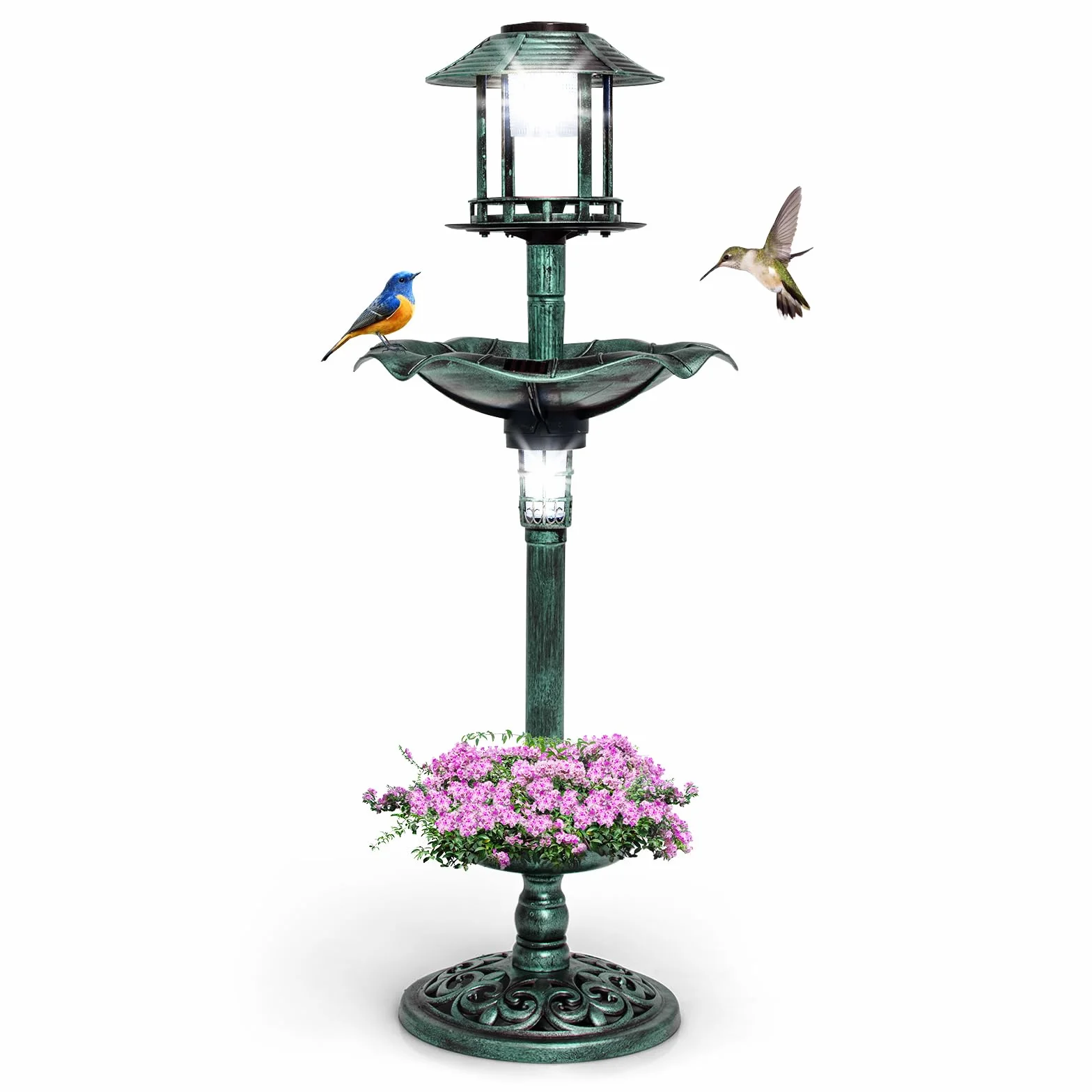 GOPLUS Mangeoire Oiseaux Extérieur Solaire, Bain d'oiseaux sur Pied avec 2 Lampes Solaire, 43x110cm, Vert