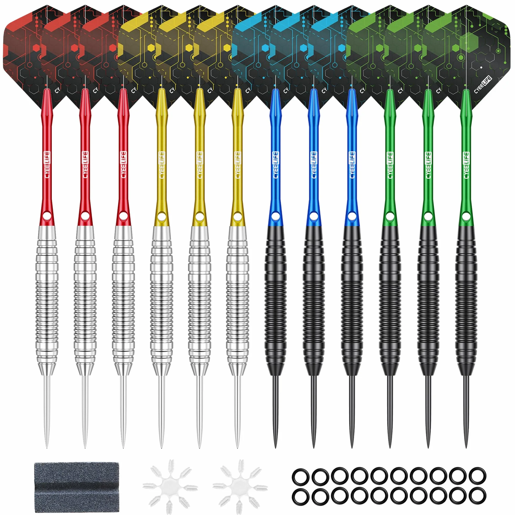 CyeeLife Fléchettes de dart avec pointe en métal, 20g set professionnel en acier avec 12 tiges en aluminium + 16 flights + 12 protège-flights en aluminium + 20 anneaux en caoutchouc anti-dévissage