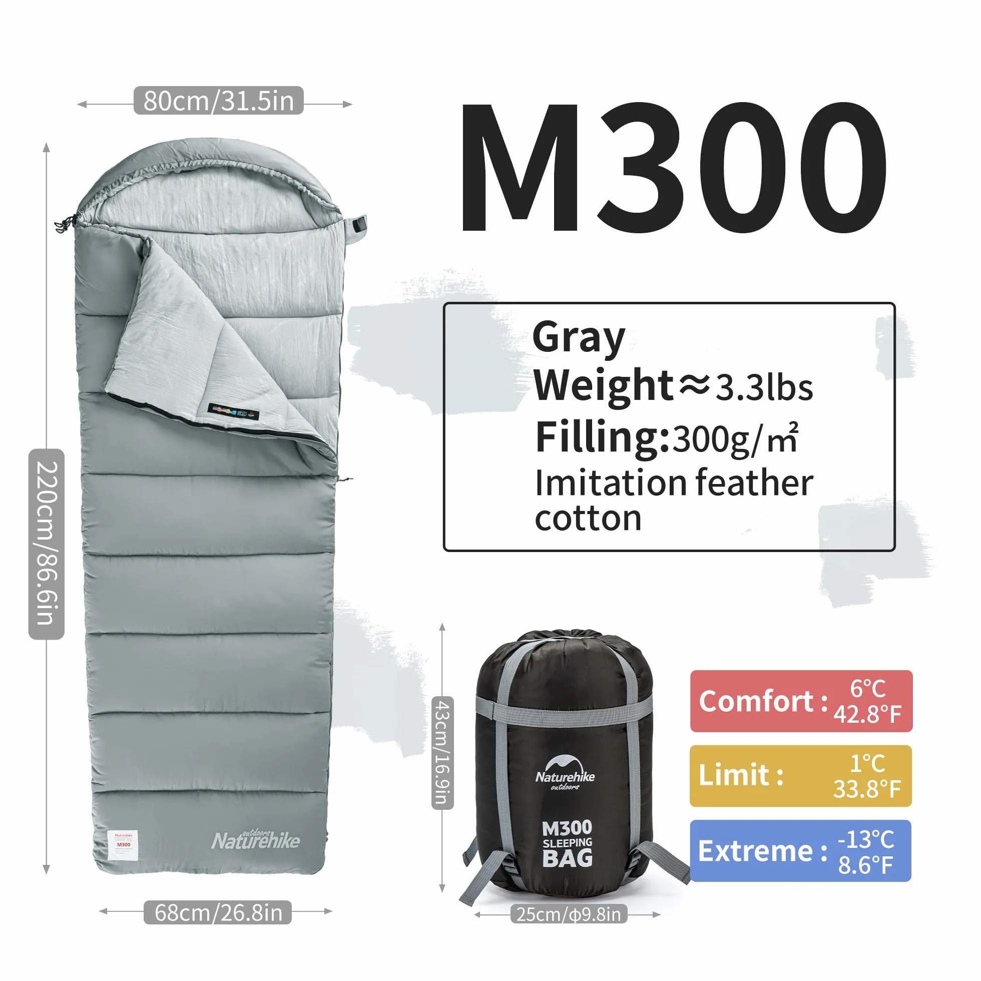 Naturehike Sac de Couchage À Capuche en Coton, 3 Saisons, Léger, Portable et Épissable, Rempli de Coton de Haute Qualité M180/M300, Adapté pour la Randonnée, Le Camping, L'alpinisme, en Intérieur