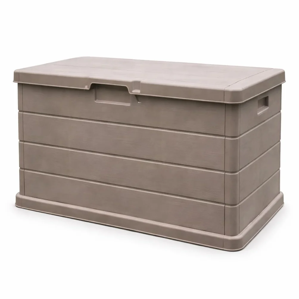 Baule Cassapanca Multi-usage 170LT Extérieur Intérieur Effet Bois Résine Taupe Conteneur Stockage