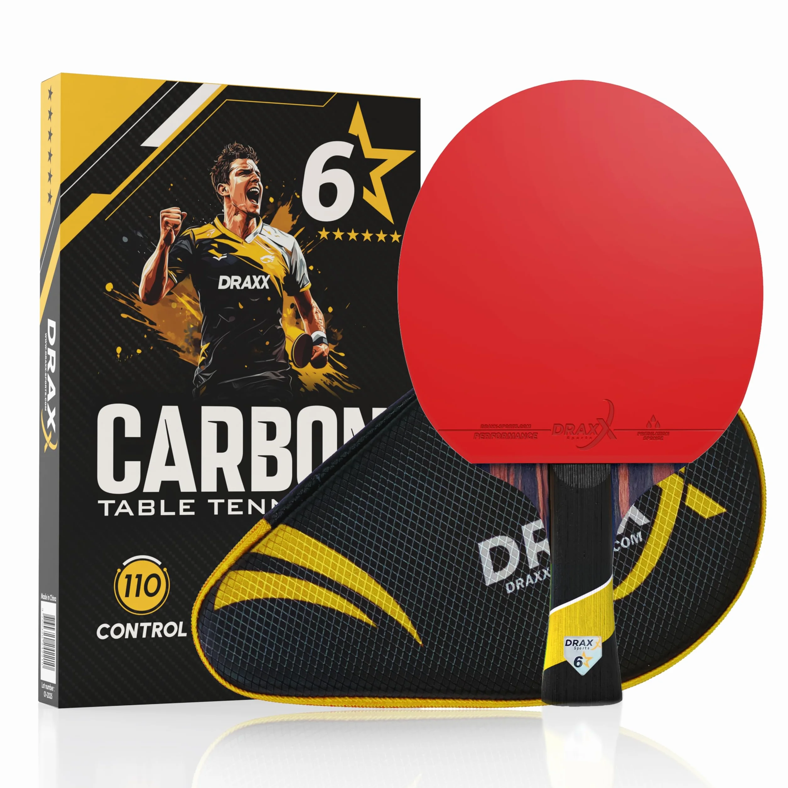 Raquette de Ping-Pong 6 Étoiles | Raquette Professionnel Carbone Pro épaisse, Maximum de Spin, Mousse Dense 2mm, Housse Offerte | Idéale Débutant à Pro | Entraînement & Compétition