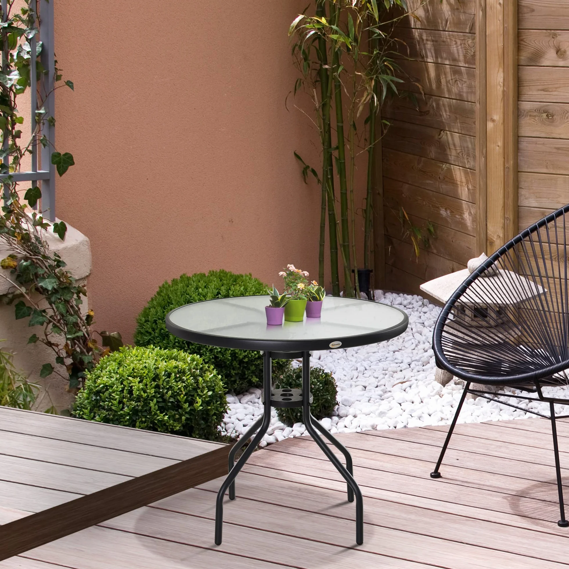 Outsunny Table Ronde Bistro de Jardin Ø 80 x 72H cm Acier époxy Noir Verre trempé Parasol