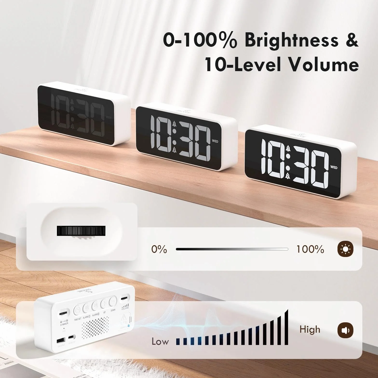Réveil Numérique avec Grand écran LED, Double Alarme, Snooze, 10 Sonneries, Luminosité et Volume Réglables, 12/24H